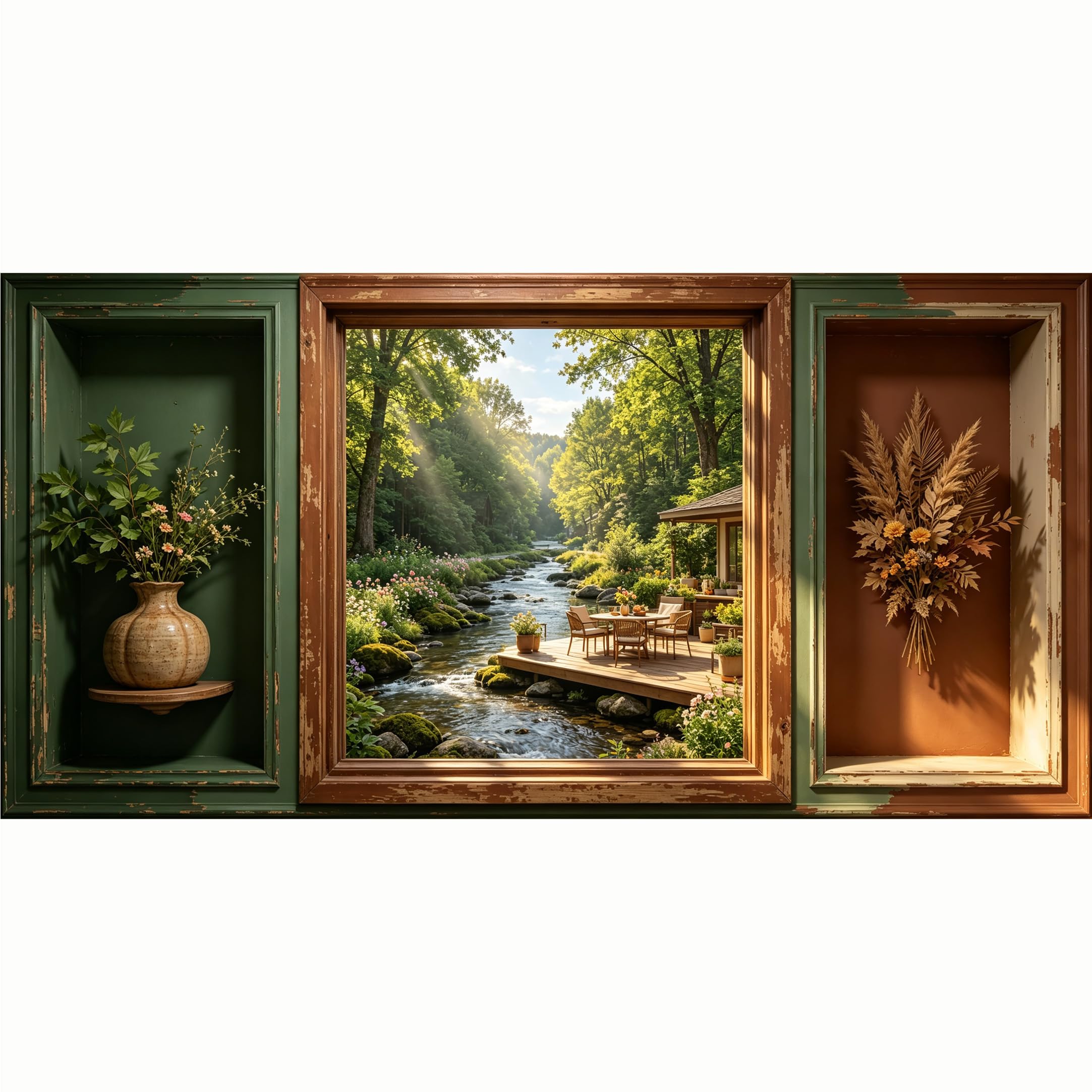 QZLITHOTIC 50x100cm 3D Framed Wall Art， Forest Riverside Cottage Landscape Mural， Water‑Activated Peel & Stick Fabric Decor Wall Decal for Bedroom Living Room