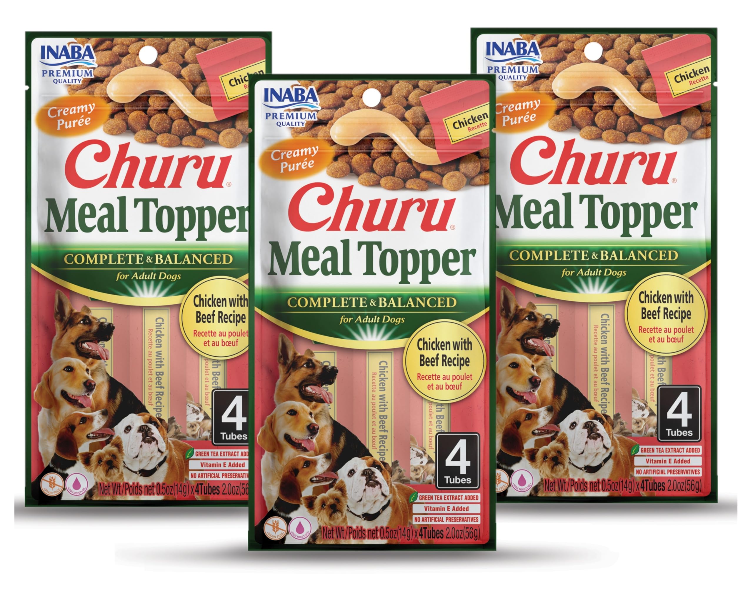 INABA Churu Meal Topper for Dogs, Complete & Balanced, Creamy, Lickable Purée Dog Food Topper, 0.5 Ounce Tube, 12 Tubes (4 per Pack) Chicken with Beef