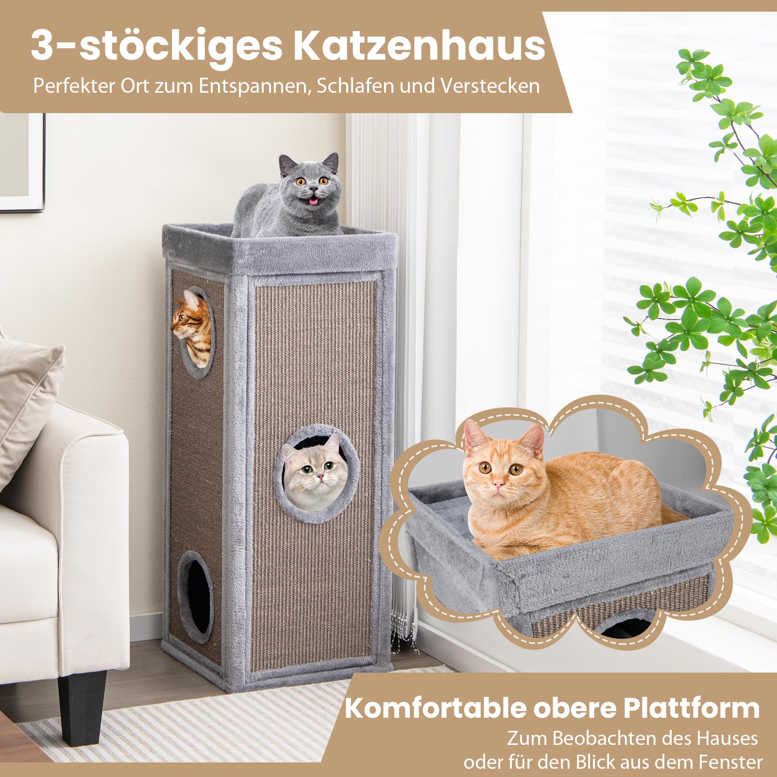 GYMAX Kratztonne 40 x 40 x 99 cm, 4-stöckige Katzentonne mit 3 Höhlen, abnehmbare Plüschkissen & 2 Kratzbretter, Stabiler Kratzbaum für kleine & große Katzen (Grau)