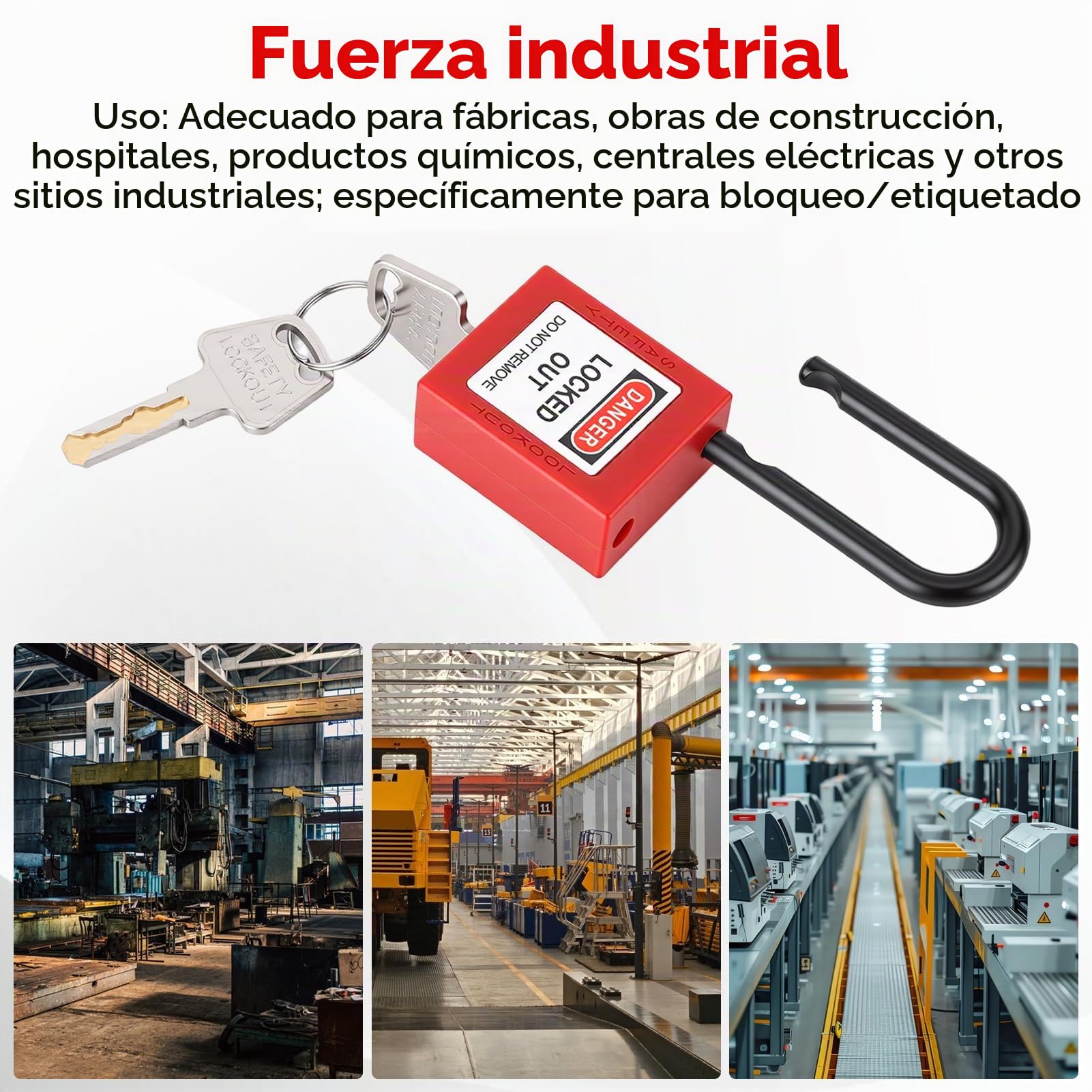 Pack 5 Candados de Seguridad 38mm, Nailon Aislante, 10 Clave,Rojo | Etiqueta de Advertencia, Retención de Llave Liviana para el Sitio Industrial, Adecuado