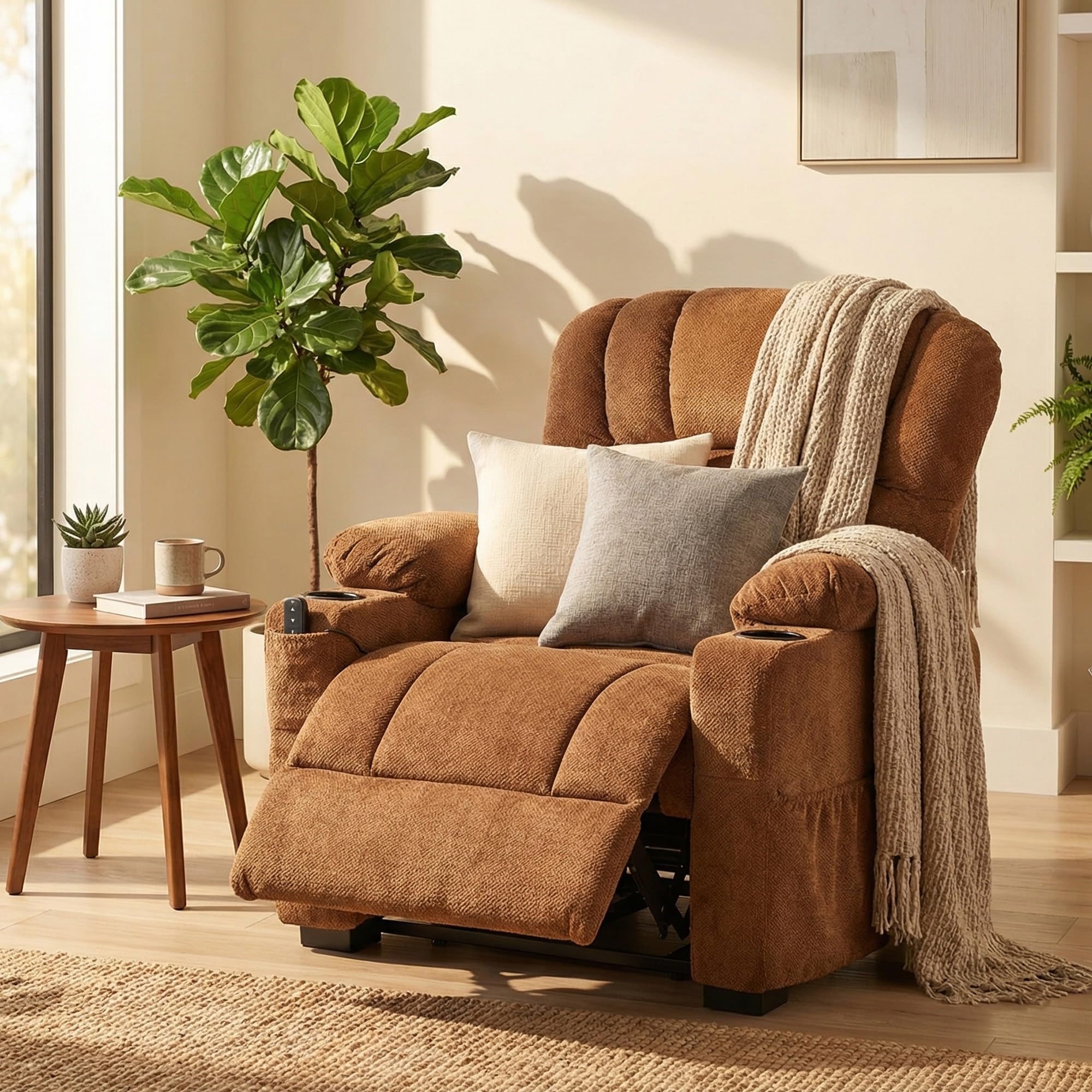 HOMCOM Sillón Relax Reclinable Eléctrico, Sillón Reclinable Silencioso de Terciopelo con Función Memoria, Reposapiés, Mando a Distancia, Bolsillos, Puerto USB, Portavasos, Respaldo Concha, Marrón
