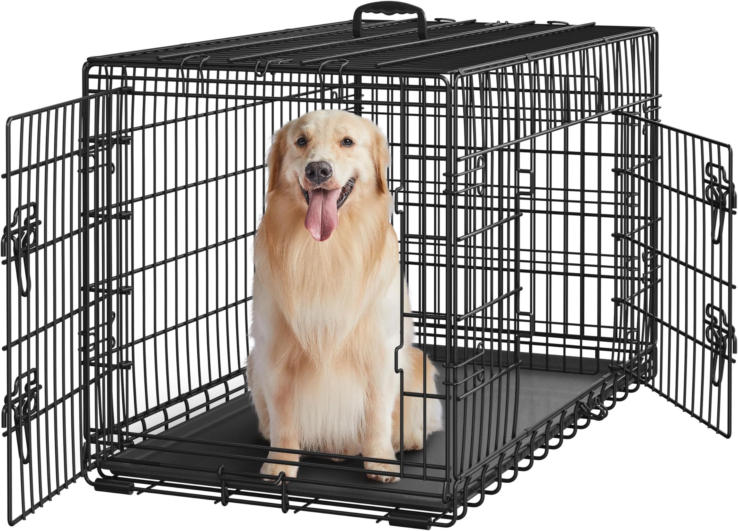 Yaheetech 42 inch Double Door Dog Crate w/Divider for Puppy to Adult XL Collapsible Metal Crate with Removable Tray Wire Dog Kennel for Large Dogs Portable Travel Cage, Black