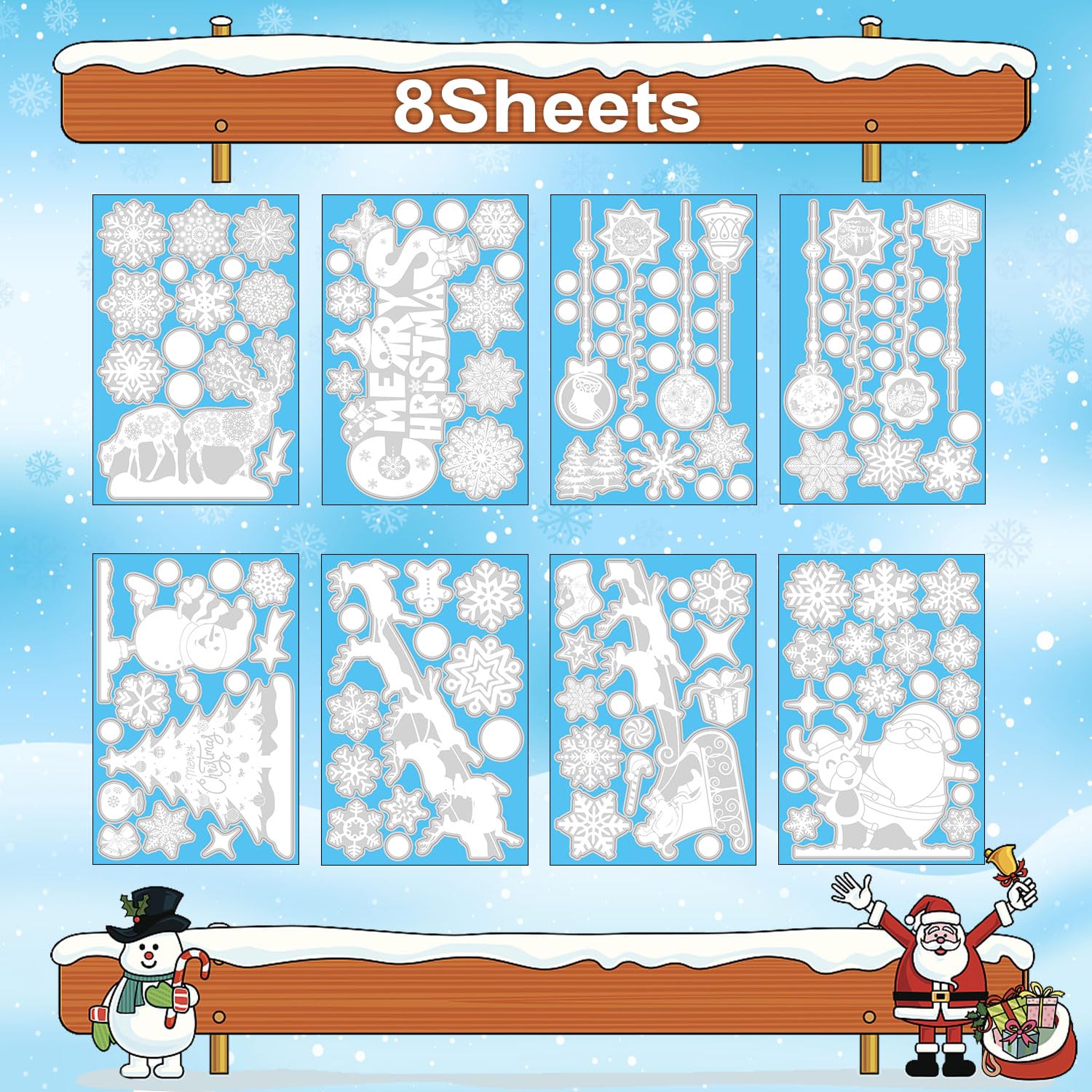 Raamafbeeldingen Kerstmis kinderen, 8 vellen witte raamdecoratie Kerstmis zelfklevend, PVC sneeuwvlokken raamdecoratie, raamstickers, Kerstmis voor de winter, huizen, ramen, kerstdecoratie