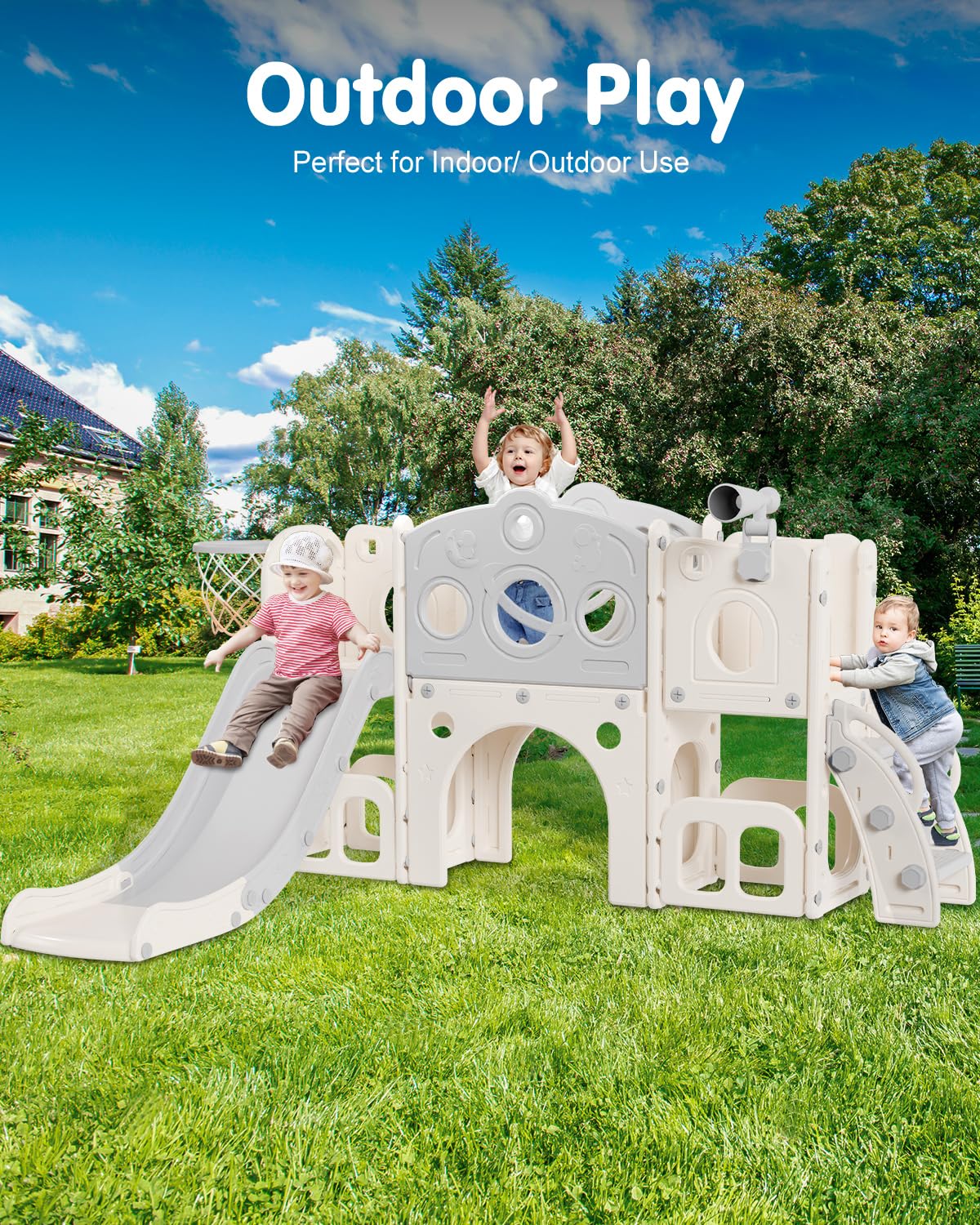 Babytronic Toddler Slide Set, 8 in 1 Kids Slide with Climber, Indoor Outdoor Slide for Toddlers Age 1-3, Toddler Playset with Basketball Hoop and Tunnel, Toddler Indoor Outdoor Playground (White&Gray)