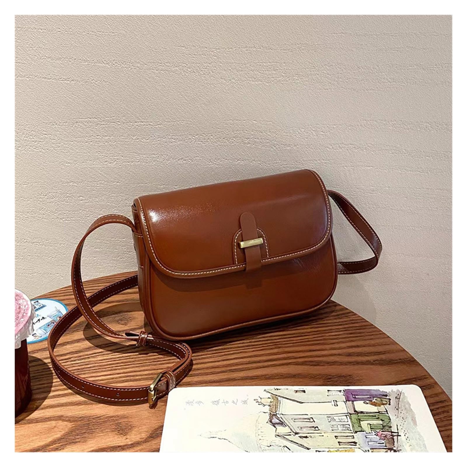 Bolso De Mujer De Cuero Bolso Oblicuo Bolso De Hombro Bolso Cuadrado Pequeño Vintage Adecuado para Viajar, Fiesta, Trabajo(Dark Brown)