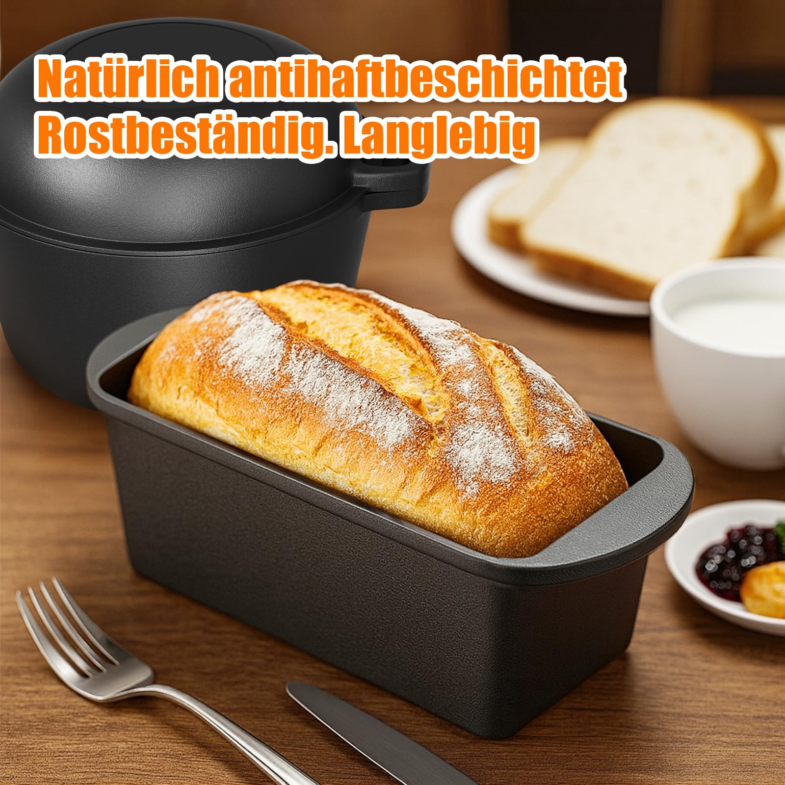 GFTIME Gusseisen Topf 26cm Brot Backen inkl. Brotbackform mit Deckel inkl. Gärkorb - Robuste Brotbackform mit Deckel - Idealer Brottopf, Brotbacktopf, Gusseisentopf Brotform, Toastbrot Backform