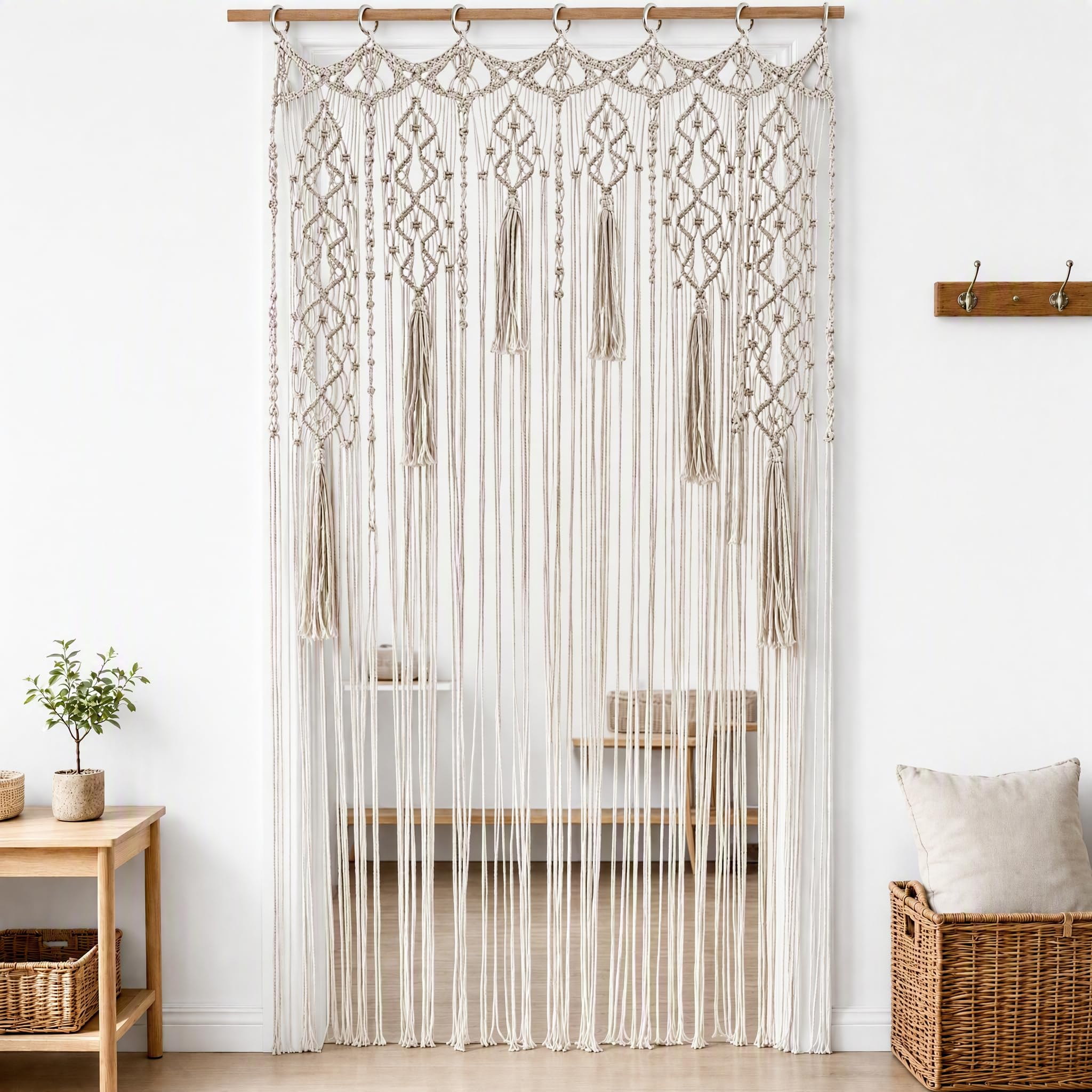 Rideau de porte bohème en macramé, rideau de porte tissé bohème, fait à la main en corde de coton, tapisserie de séparation de pièce, pour chambre à coucher, salon, décoration de mariage, beige