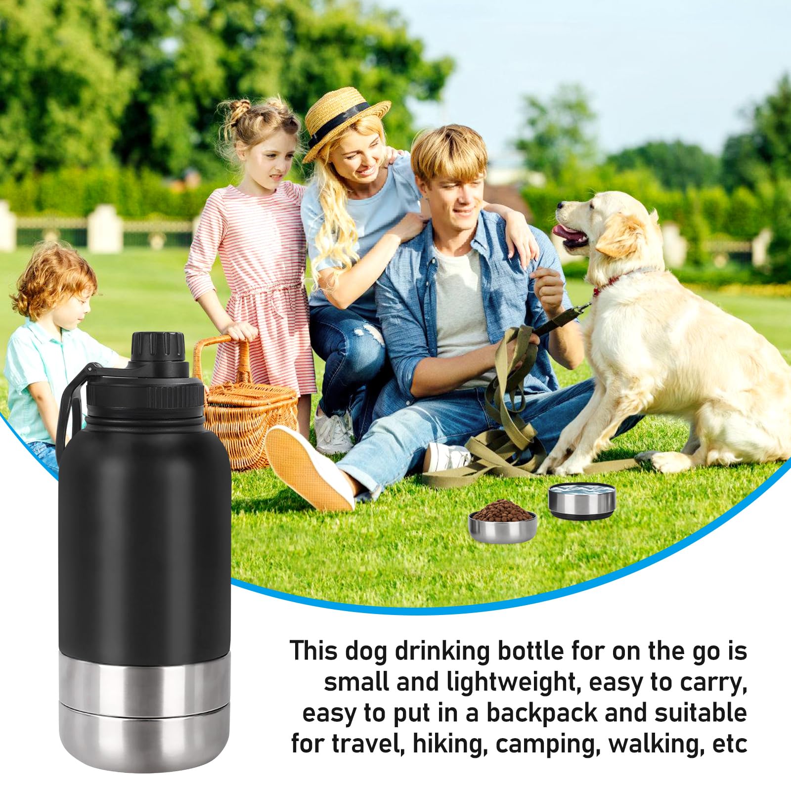 Borraccia per cani da viaggio, 950 ml, per cani, in viaggio, per cani, in acciaio inox, isolata, con ciotola per acqua e ciotola, accessorio per cani per passeggiate, senza BPA