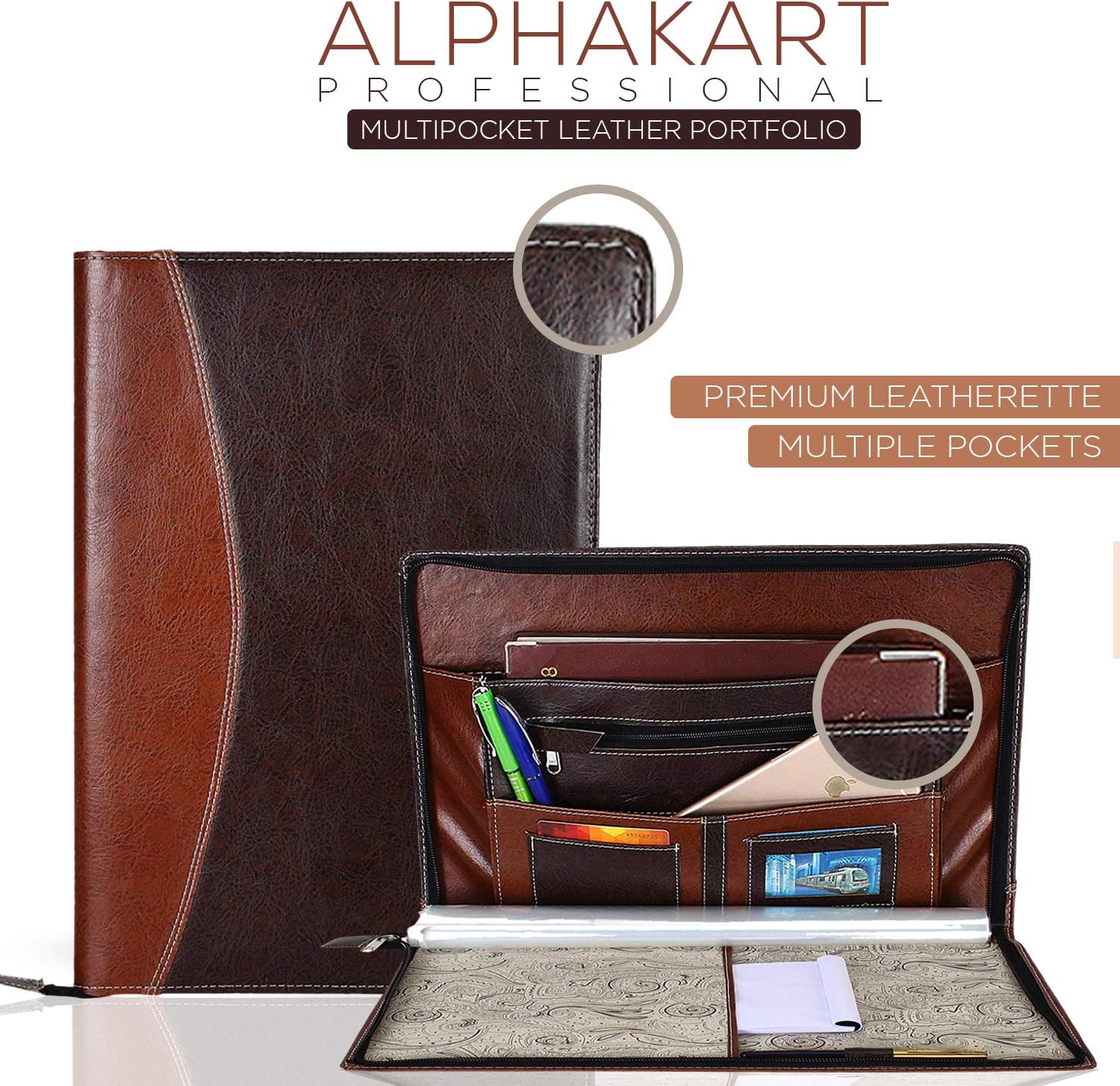 Alpha Kart Multi pocket Professional Leather Portfolio File Folder with 20 Leaf, Size-B4 for Certificates (Brown)