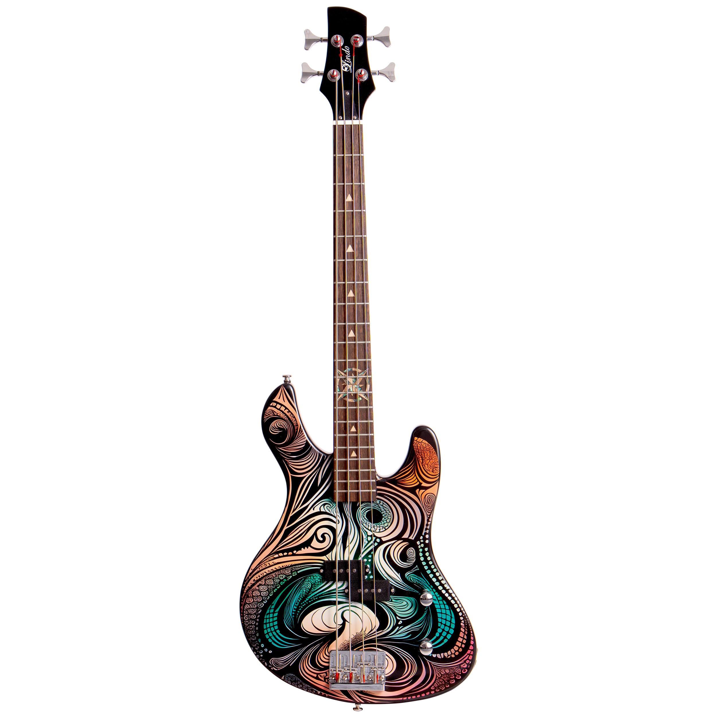 Guitarra Bajo Eléctrica Lindo Sahara (Escala Corta 30") | Incrustación de Concha Abalone y Madera de Arce, Estrella Náutica en el Traste 12 | Acabado de Arte Gráfico | Mástil Compuesto