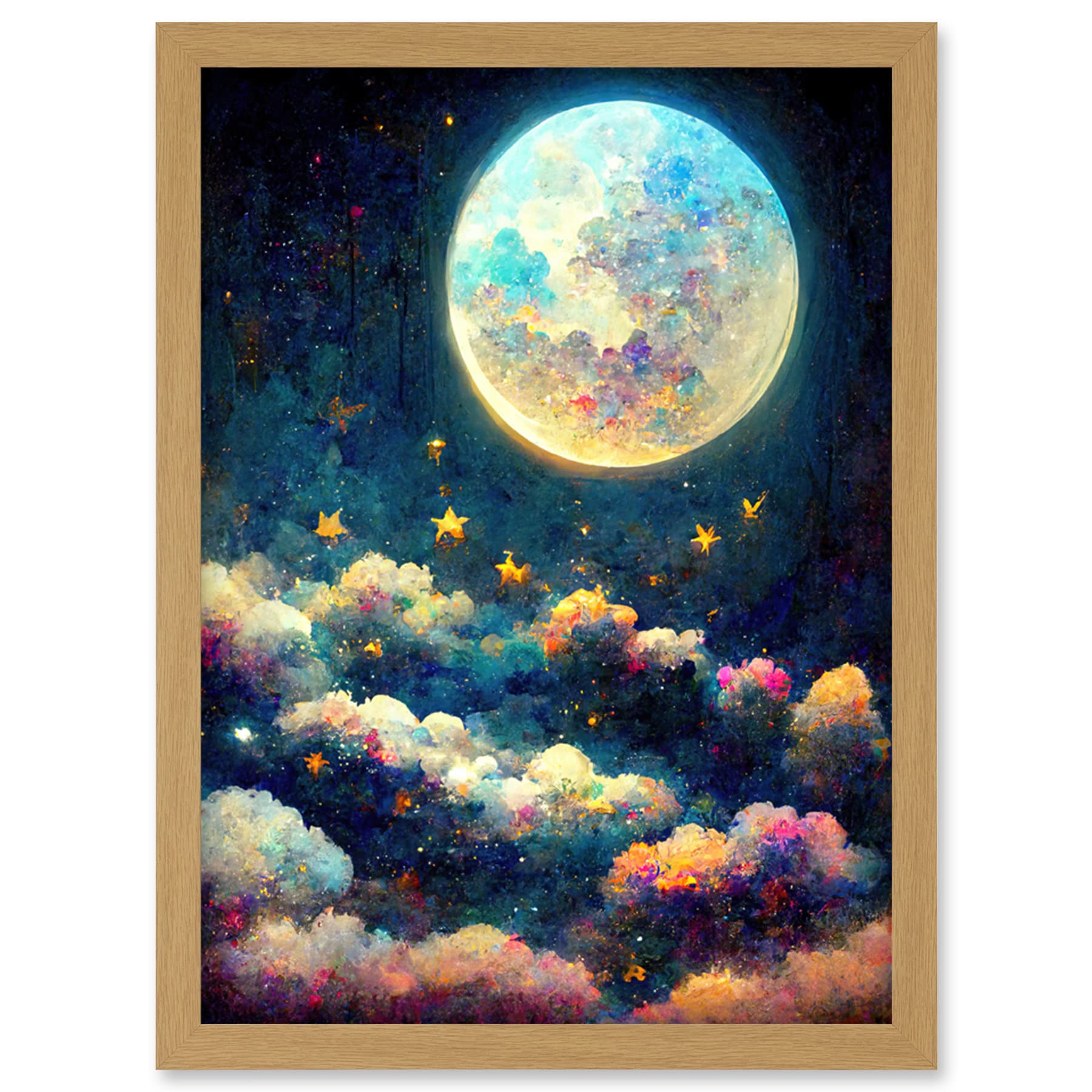 Doppelganger33 LTD Dreamy Night Sky Moon Stars Colourful Clouds Kids Cute Artwork Framed Wall Art Print A4
