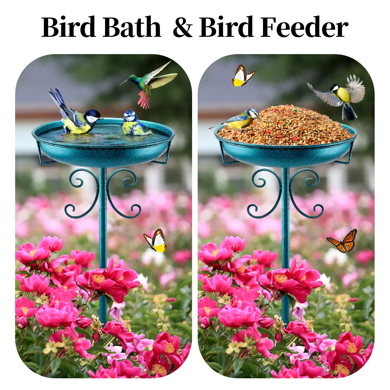 Daoeny Baño de metal para pájaros de 35 pulgadas para exteriores, bañeras para pájaros y comedero de pájaros, cuenco para exteriores, jardín, patio, decoración de césped, base mejorada de 5 puntas
