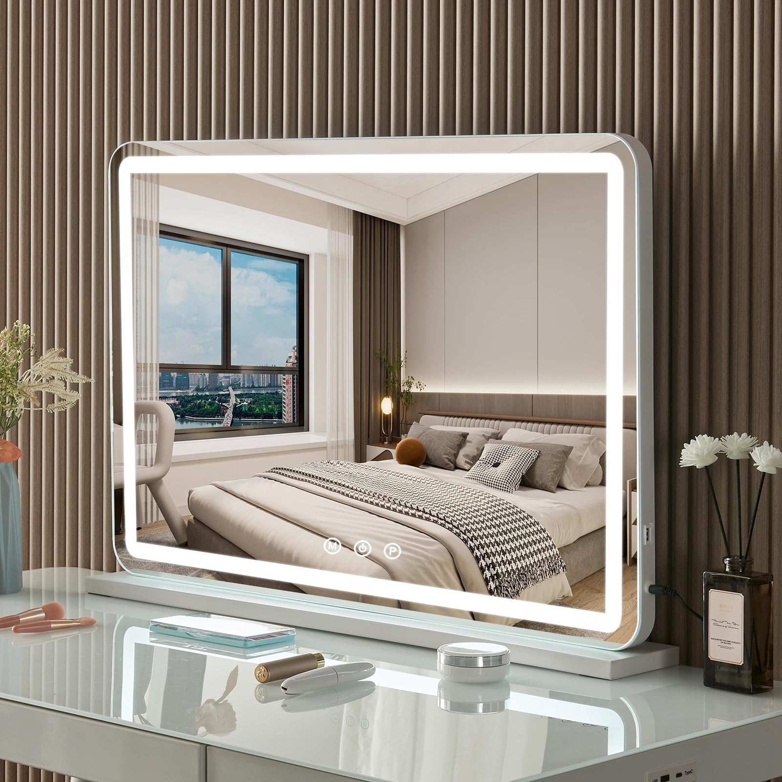 Vanity Mirror with Lights, Hollywood Makeup Mirror with LED Lights Strap, Large Dresser Cosmetic Mirror with Touch Control, Wall-Mounted and Tabletop Mirror for Bedroom&Bathroom, (80CM x 55CM)