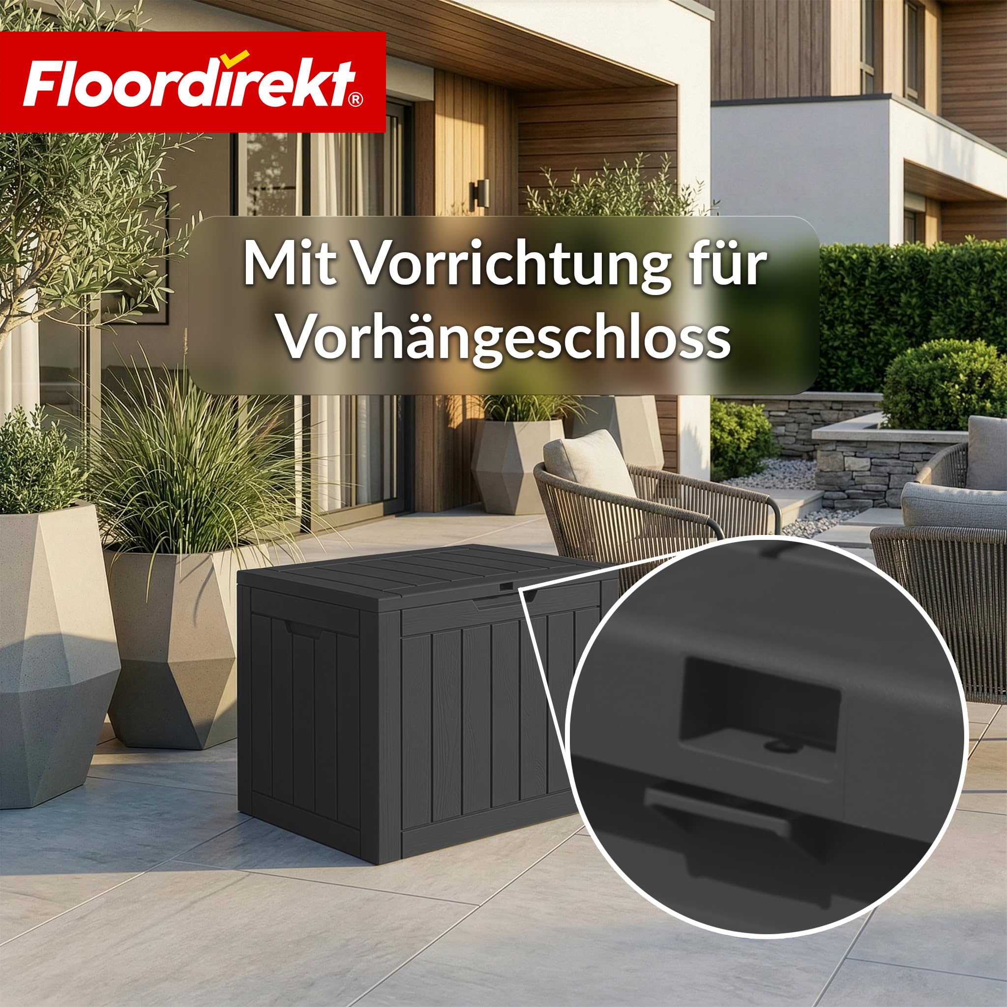 Floordirekt Aufbewahrungsbox - Anthrazit- Wetterfeste Auflagenbox für Terrasse & Balkon - 118L - Gartenbox - 56 x 43 x 53 cm (118 L)