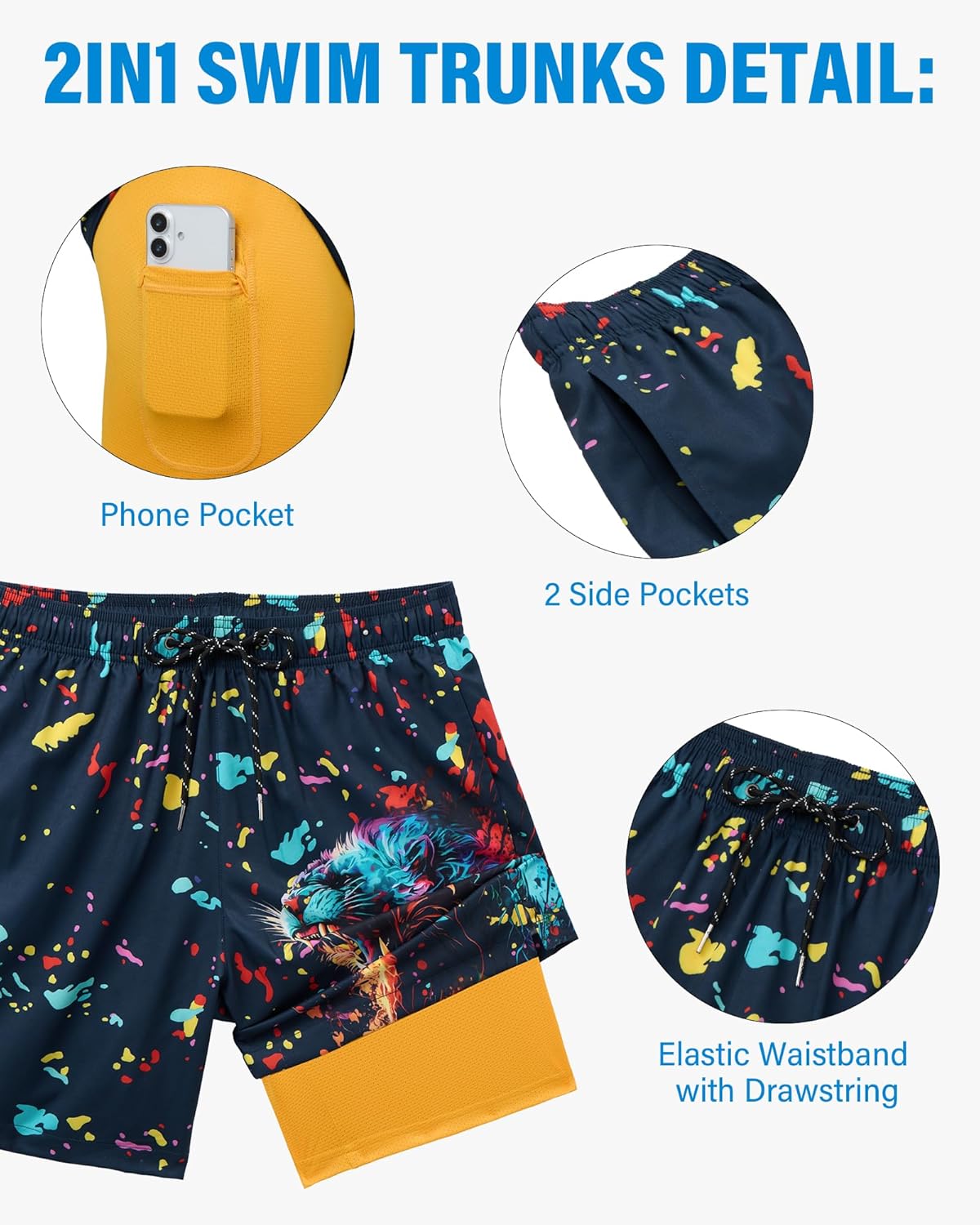 7inch Mens Swim Trunks: with Compression Liner Zipper Pocket Drawstring Quick Dry Stretch Lined 3D FunnyBeach Pool - Image 4