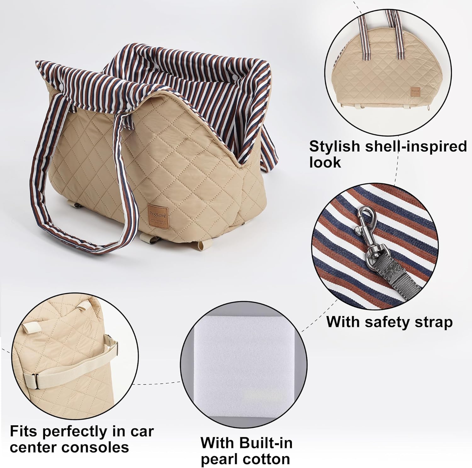 Small Dogs Under 12 lbs Adjustable Portable Center Console Car Seat, Built-in Bubble wrap, Fits Most Cars & SUVs with Convenient Handbag Functionality, Stylish Travel Pet Bag (Beige)