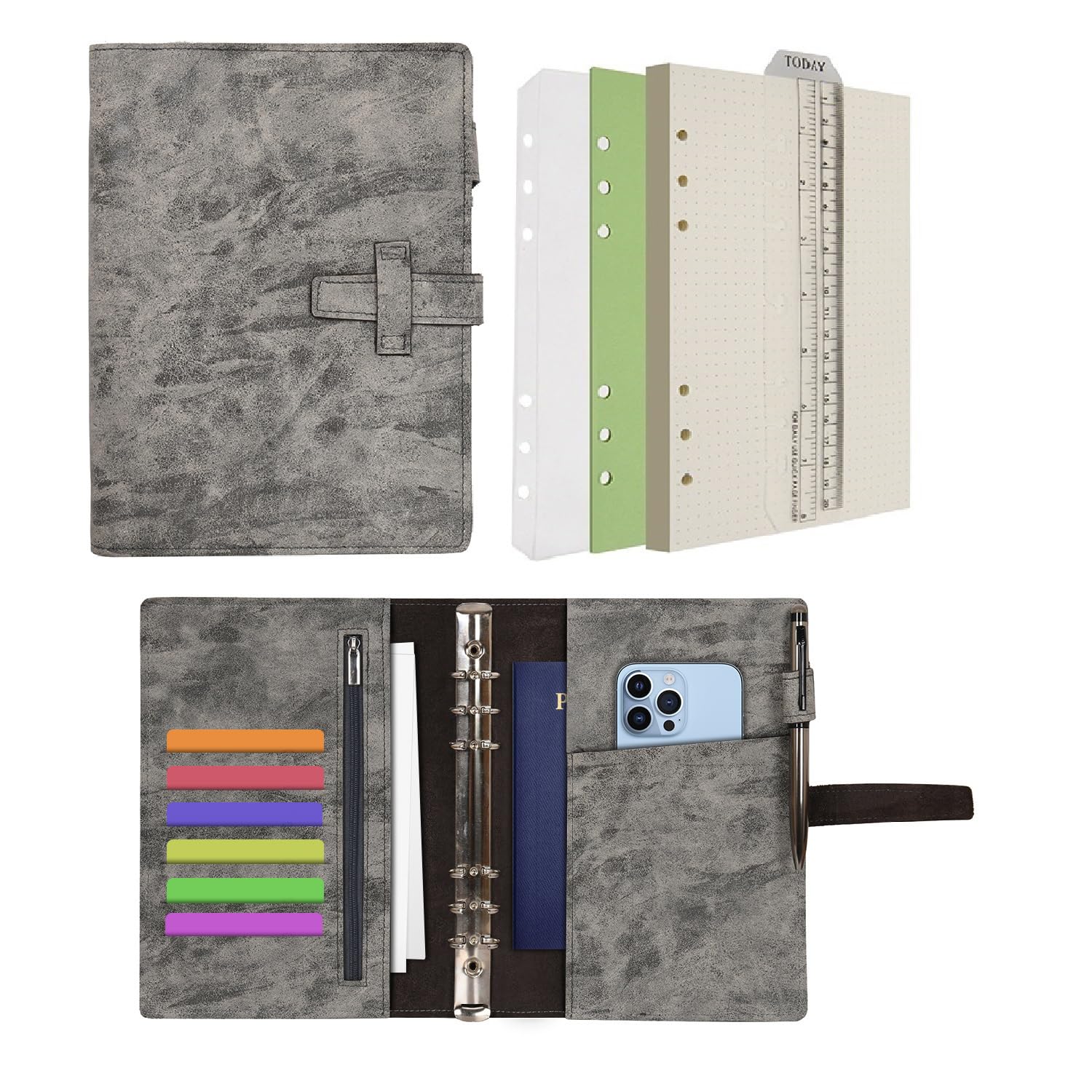 Wonderpool Lederen zuivel 6 ringband notitieboek map organizer met gestippeld papier navulbaar schrijven notitieboek en meerdere zakken hoes voor zaken studie reizen met Pen (Grijs,A5