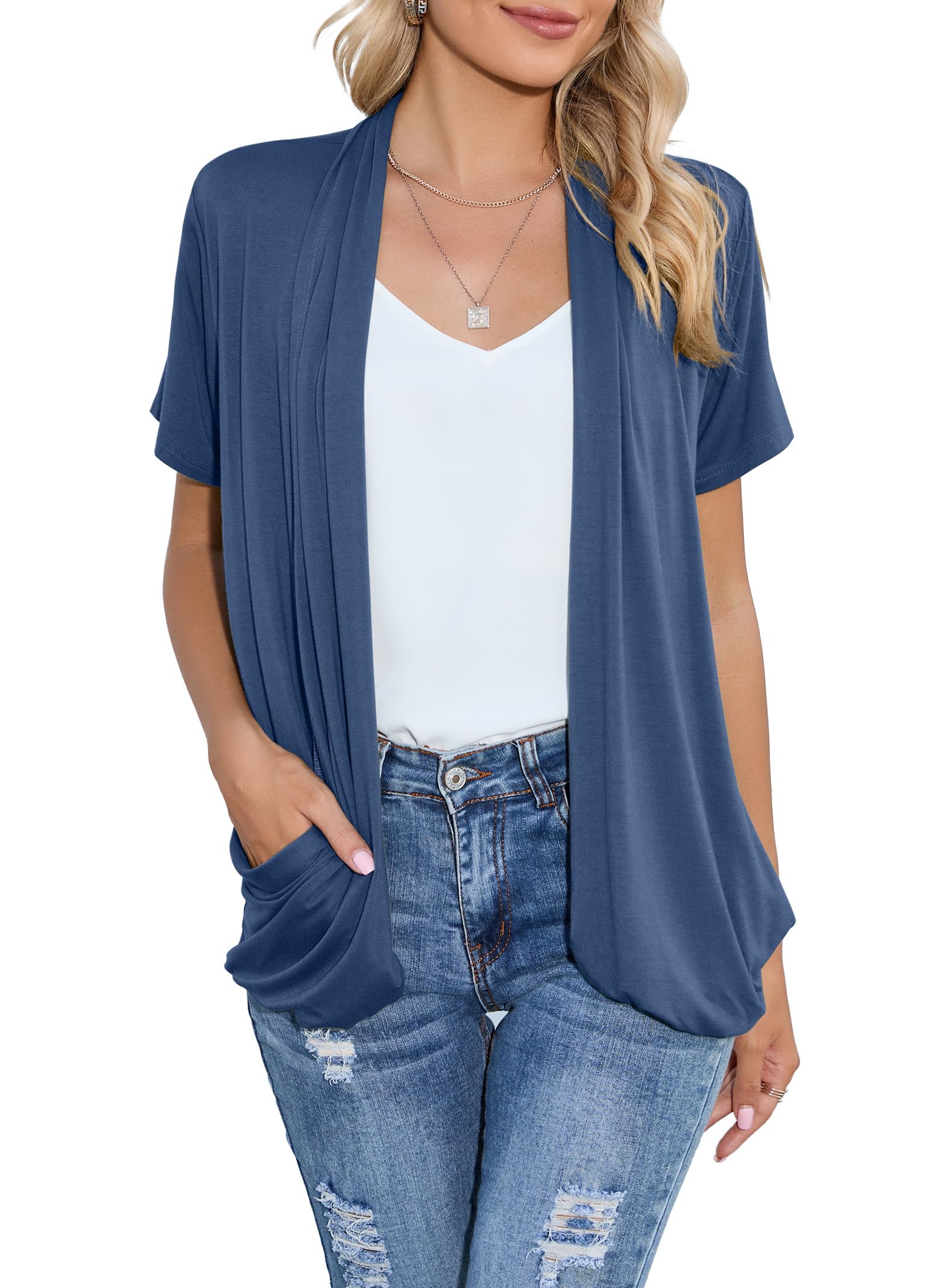 HIYIYEZI Open Front Cardigan Sweaters for Women with Pockets Lightweight Short Sleeve Ruffle Front Kimono Cardigan Duster