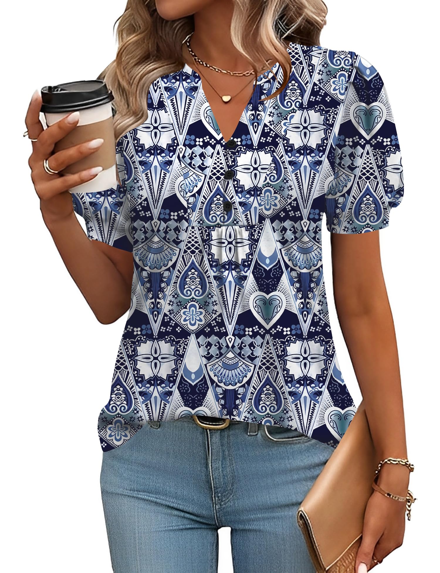 Rapbin Bluse Damen V-Ausschnitt Knopfleiste T-Shirt Tunika Kurzarm Top Sommer Oberteile Elegant Casual