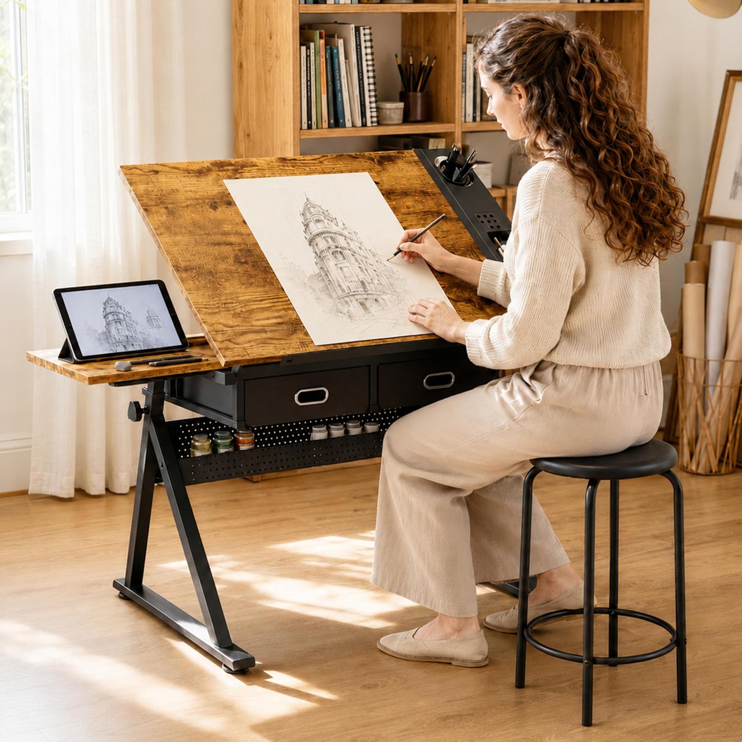 Drafting Desk, Artist Desk, Height Adjustable Drawing Table，Brown
