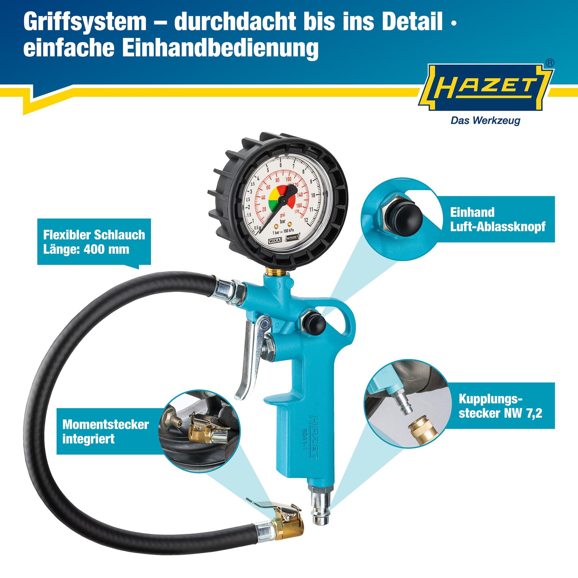 HAZET Reifenfüll-Messgerät 9041-1 I Manometer-Messbereich: 0-12 bar, Schlauchlänge: 400 mm, Manometer-Durchmesser: 63 mm I Reifendruck-Prüfer für Auto, Motorrad, Lkw uvm.