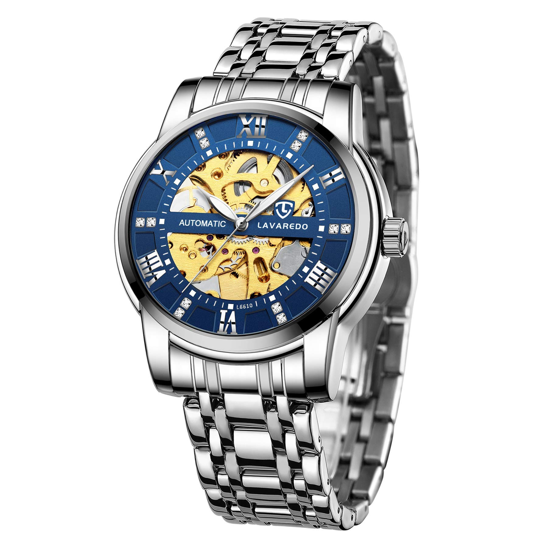 A ALPS Mens Watch Skeleton Luxury Mechanical Stainless Steel Waterproof Black Automatic Self-Winding Roman Numerals Diamond Dial Wrist Watch