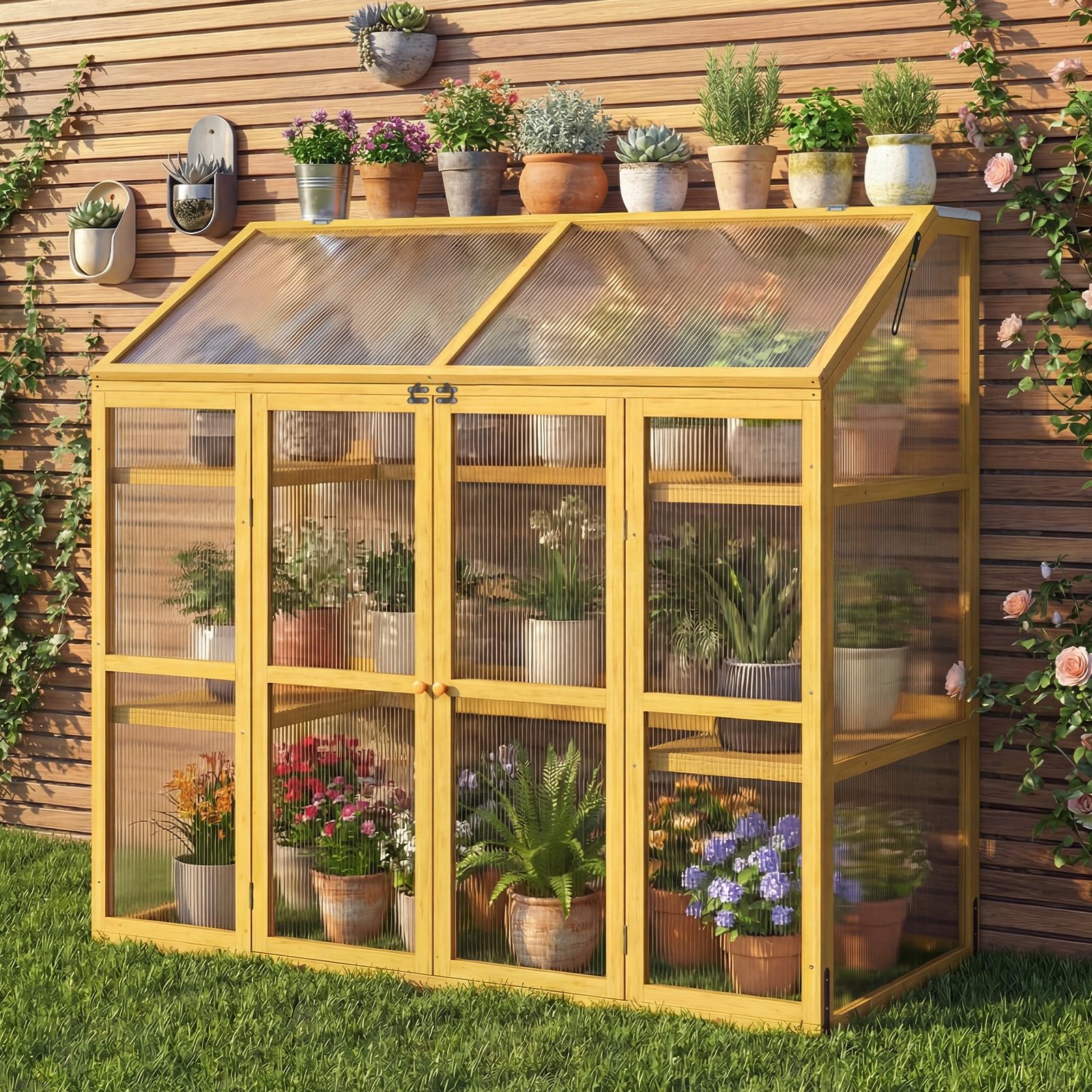 Invernadero de madera con marco frío con techo transparente abatible, armario de invernadero de madera maciza, protección de plantas de flores elevadas para exteriores e interiores, natural