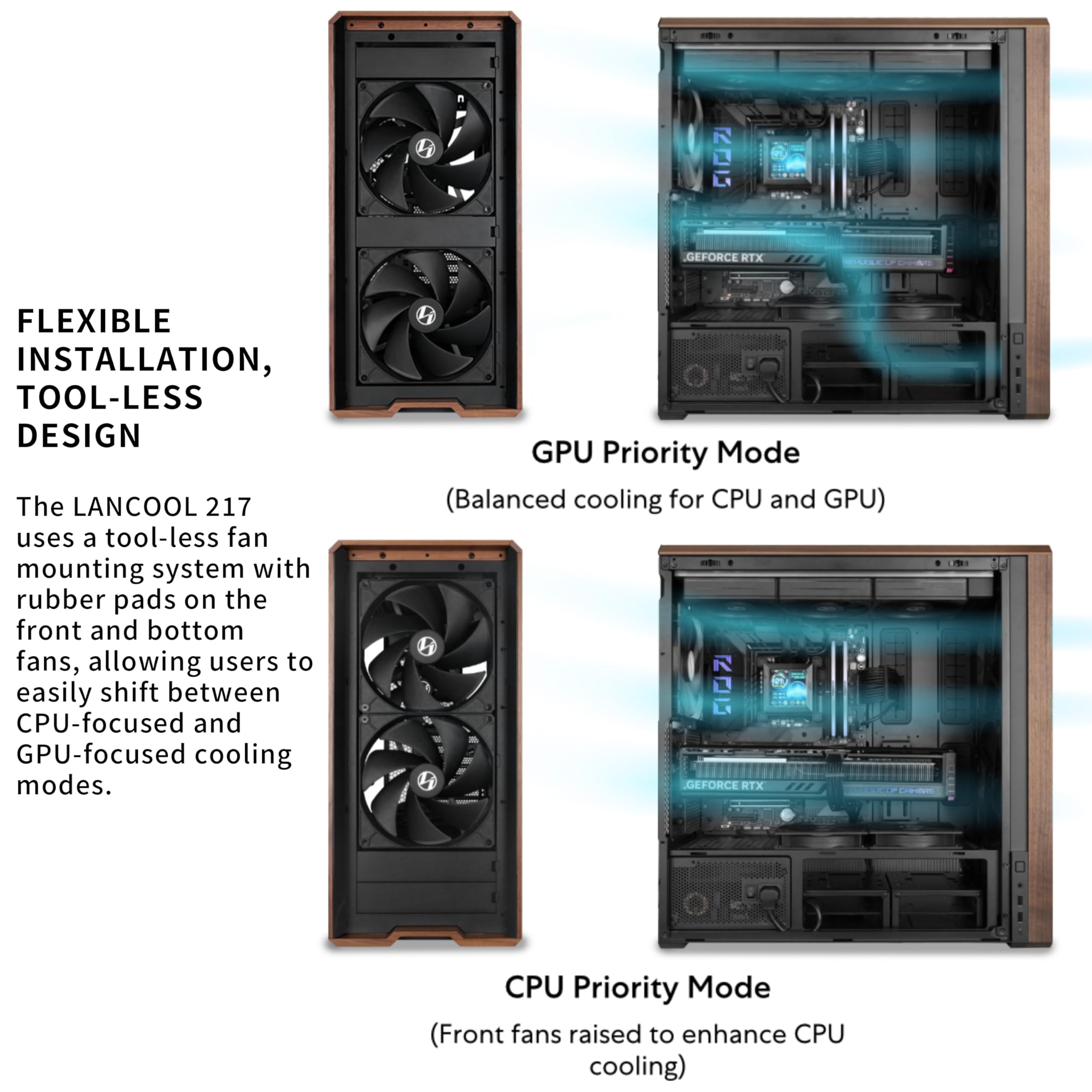 Lian Li LANCOOL 217 Genuine Walnut Wood Computer Case, Mid-Tower ATX PC Case with 5 Pre-Installed PWM Fans 2x170mm, 2x120mm & 1x140mm, Flexible PSU & Cable Installation - Black (LAN217X)