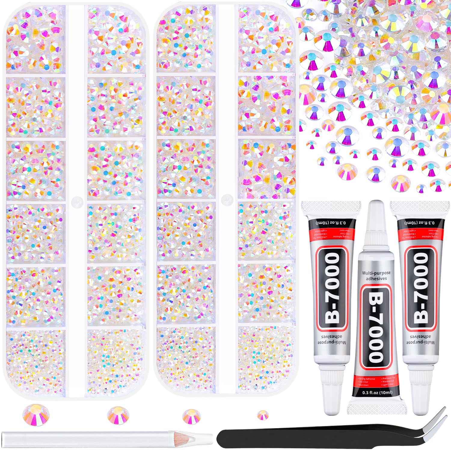12100Pcs Jelly Resin Rhinestones for Crafting with 3Pcs 10ml B7000 Jewelry Glue, 2 Boxes Flatback Crystals Diomand (Transparent AB) for Bedazzling Crafts Nail Art，Non Hotfix Gems for Clothing Shoes