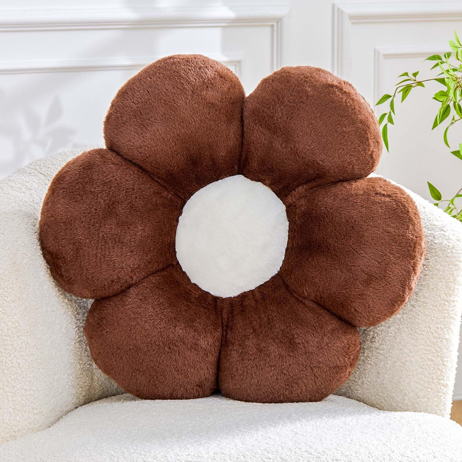 Kcvvcr Brown Flower Pillow Cute Decorative Flower Throw Pillow with Faux Rabbit Fur 19.6" Soft Daisy Plush Floor Cushion Aesthetic Room Decor for Bed Sofa Couch
