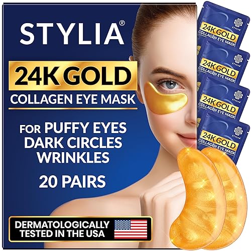 Stylia Parches de oro de 24 quilates para debajo de los ojos, 20 pares de mascarillas para debajo de los ojos con ácido hialurónico, colágeno