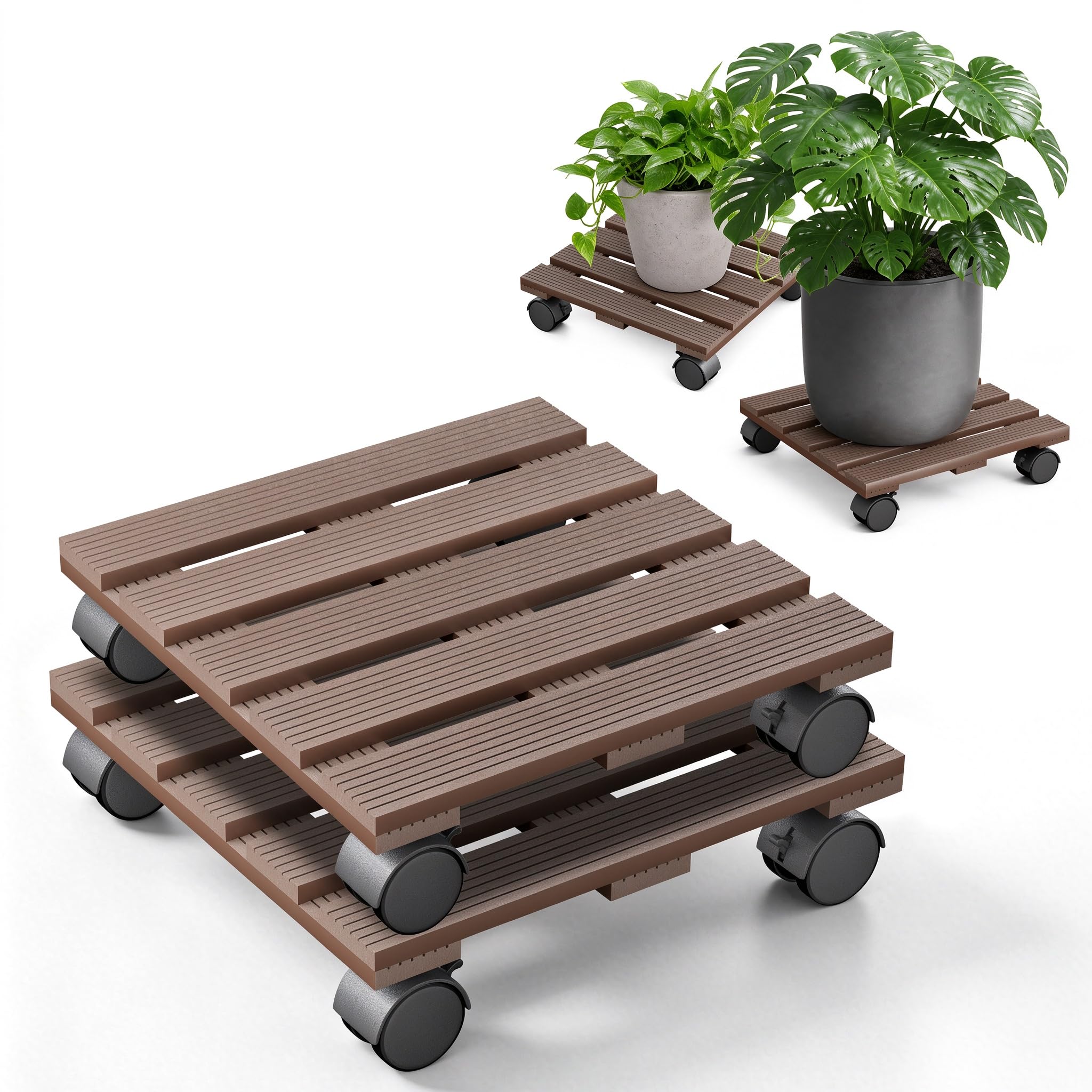 2 Pack Square Plant Caddy Stand with Wheels, WPC for garden,Light Brown — image 1