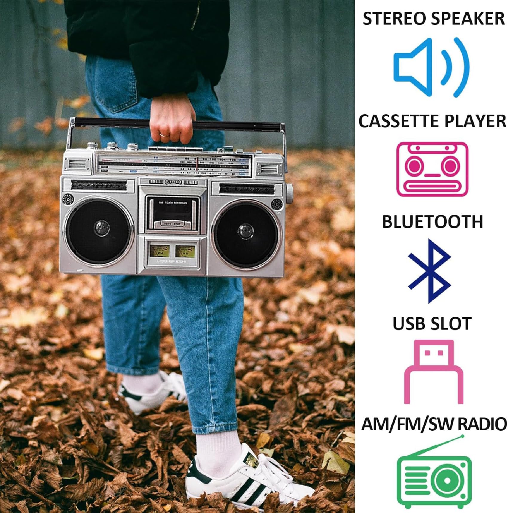 Registratore Portatile Per Cassette, Lettore CD, Boombox Bluetooth Retrò Anni '80 Con Radio AM/FM, Converte Cassette In USB/SD, Supporta Ingresso SD/USB, Per Viaggi In Famiglia