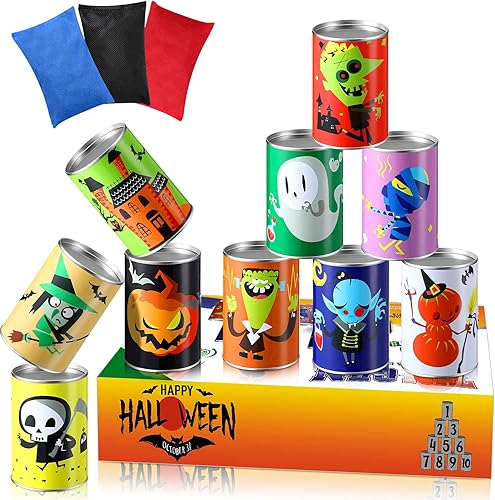 Juegos de carnaval de Halloween, juegos de fiesta de Halloween, juego de lanzamiento de bolsas de frijoles para niños y adultos, latas de metal de