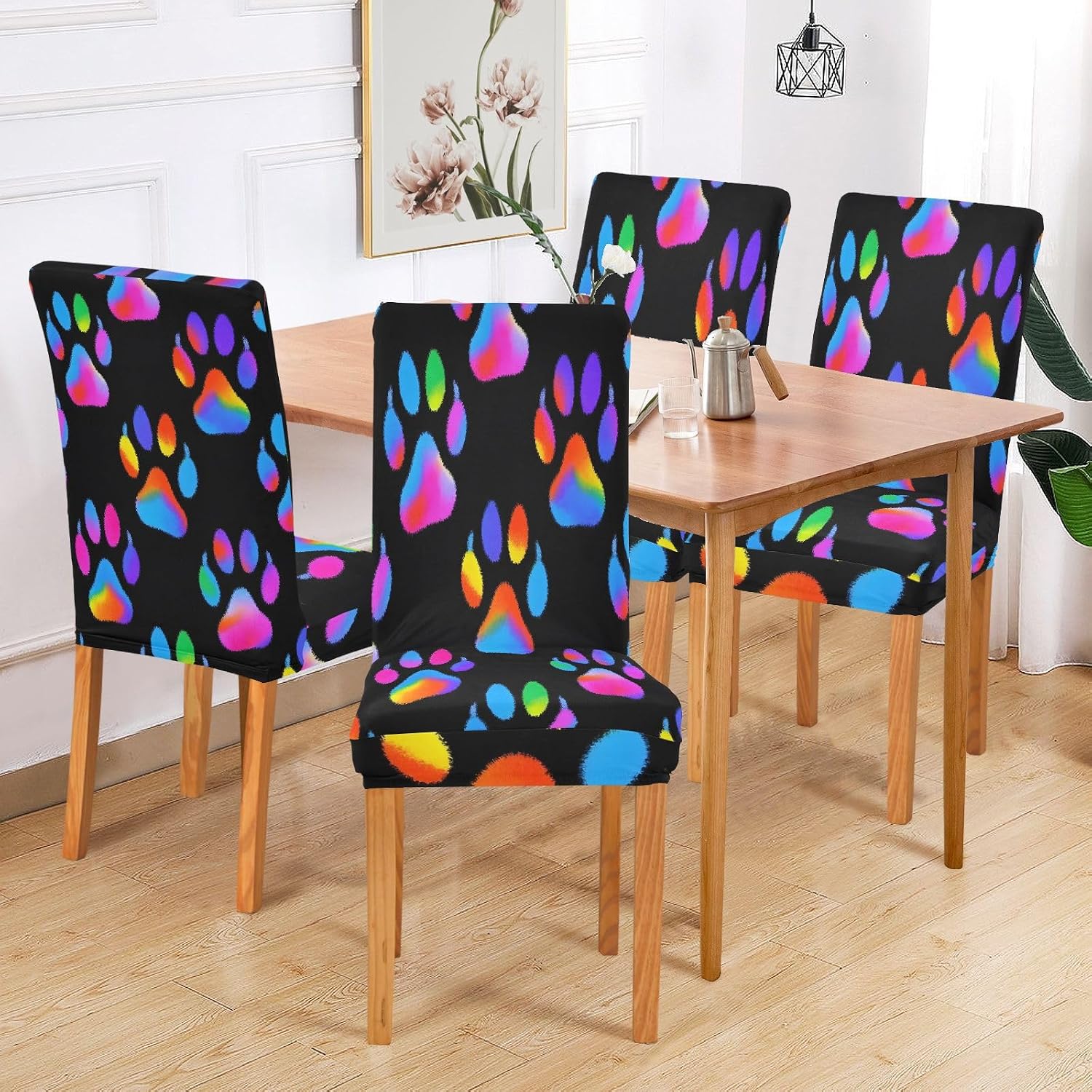 ALAZA Chair Covers for Dining Room, Neon Dog Paw Pattern Stretch Chair Cover Sets Chair Protector Removable Washable for Ktichen Restaurant Hotel