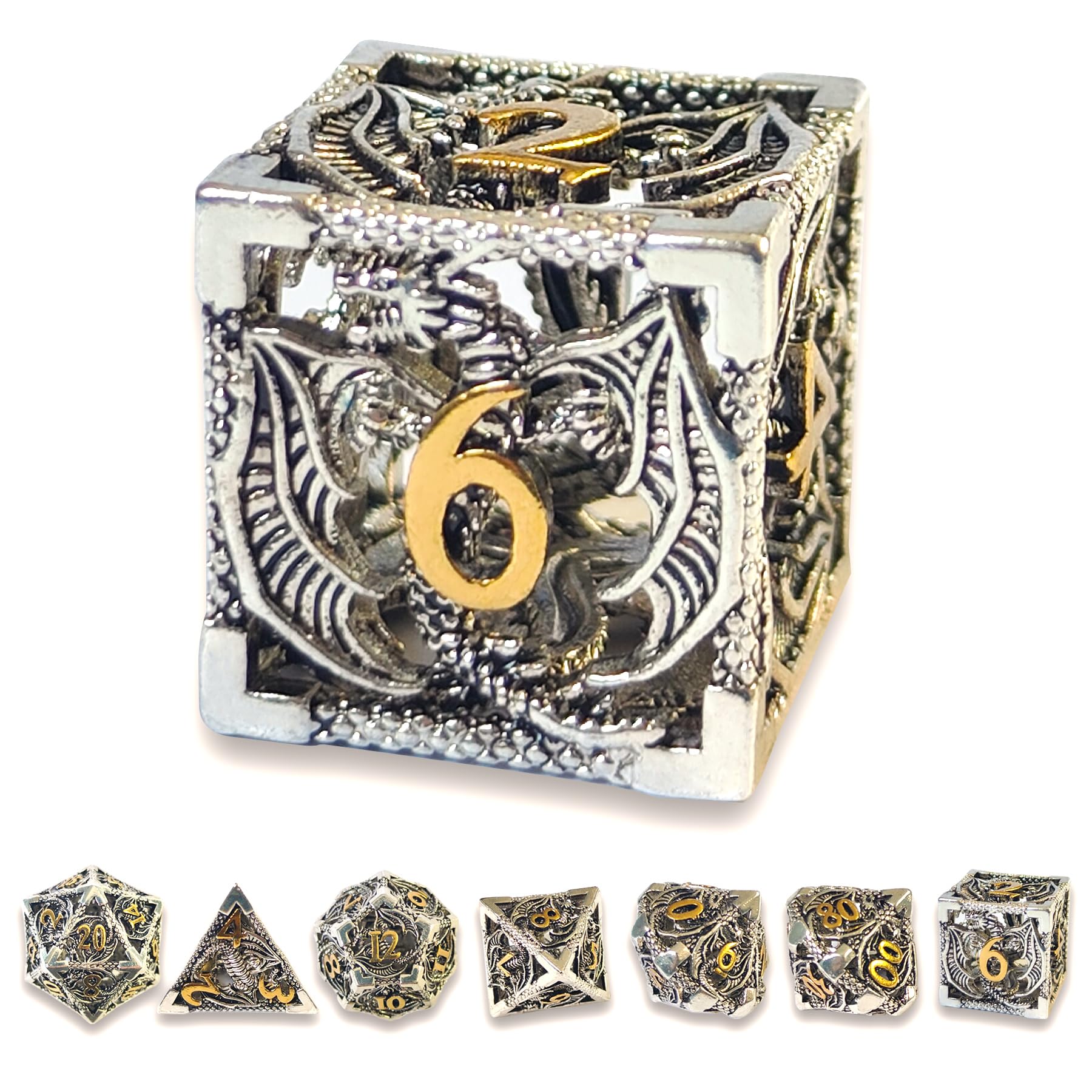 Hollow Dragon Metal Dice,Unique Dungeons and Dragons Polyhedral Dice Set for D&D TRPG,MTG,Pathfinder,Table Board Roll Playing Games D4 D6 D8 D10 D% D12 D20 (Silver) — image 1