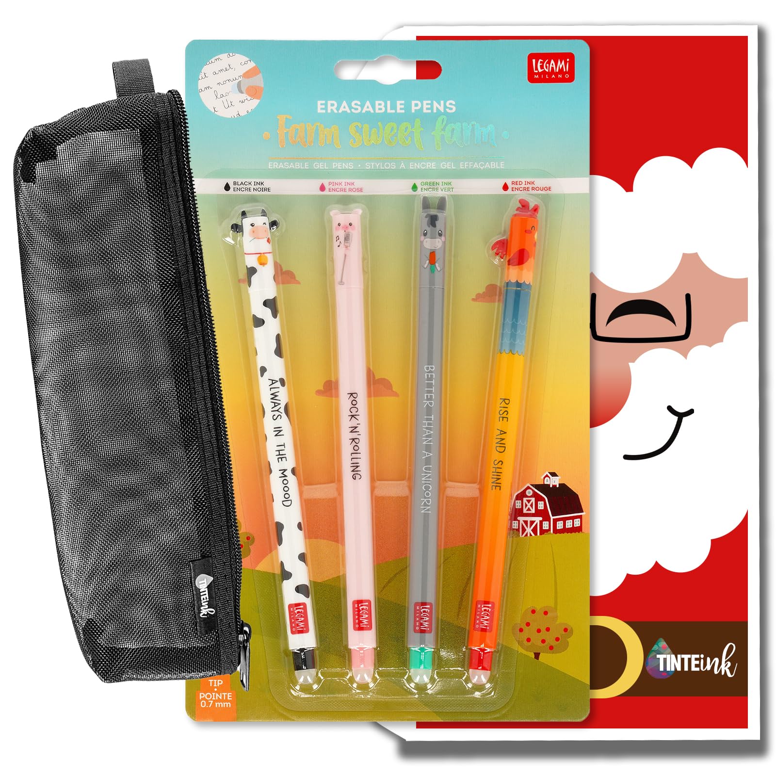 Tinte Ink Legami Erasable Pens Bundles/Sets with Cute Envelope and Mesh Pencil Case! - (Farm Set)