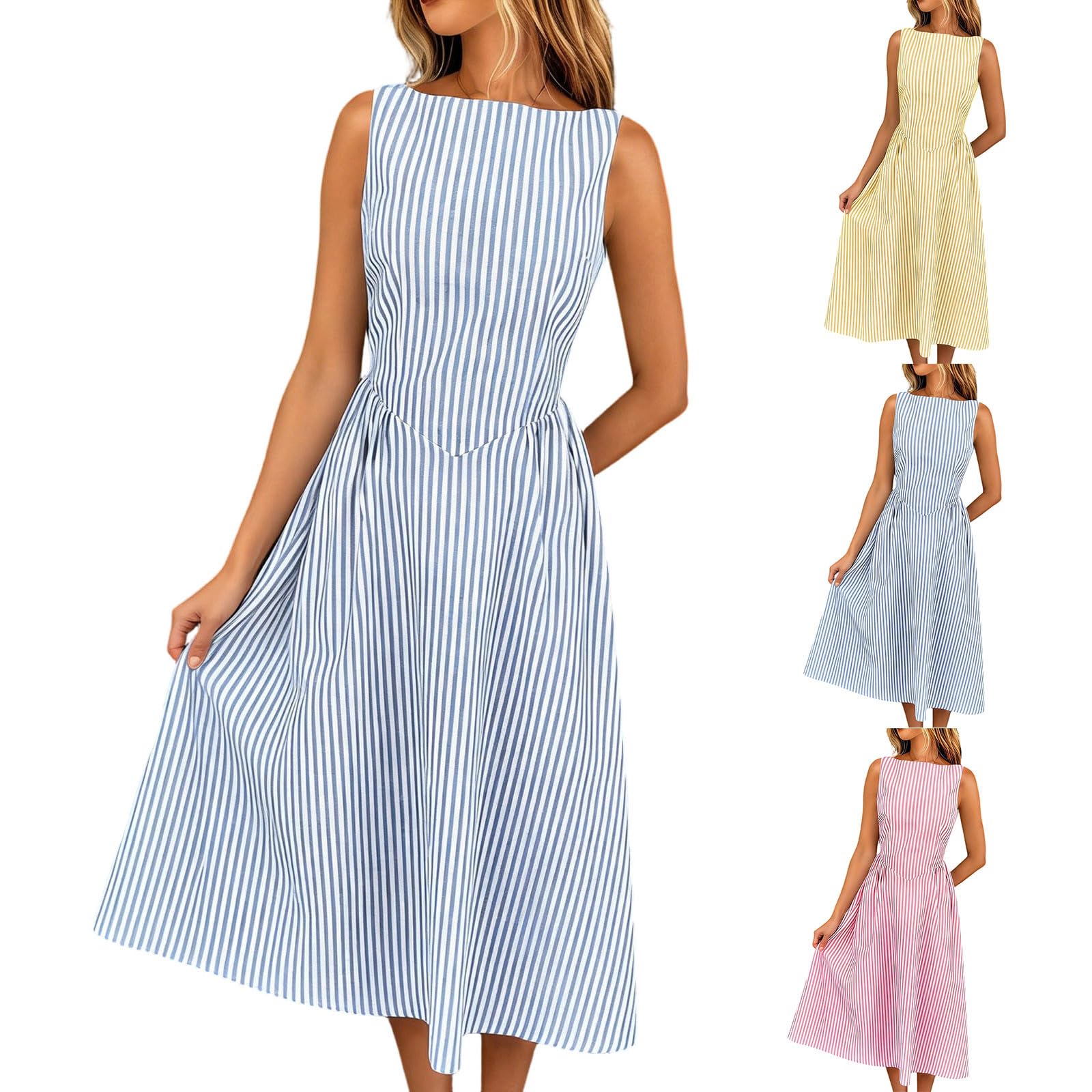 Generico Abito Estivo Donna Lino Vestito Cotone Senza Maniche Morbido e Comodo Abiti Elegante Tinta Unita Vestiti a Righe Abito Lungo Scollo Rotondo Leggeri Vestiti Casual Taglie Forti Estate Mare