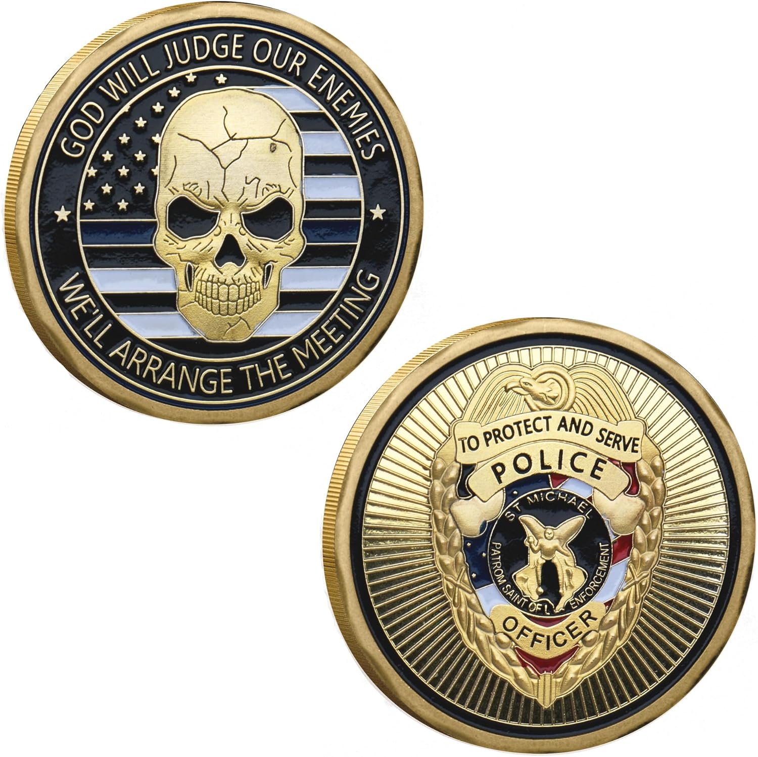 Police Challenge Coin - Skull Design with American Flag, St. Michael Guardian of Law Enforcement, 'God Will Judge Our Enemies' - to Protect and Serve
