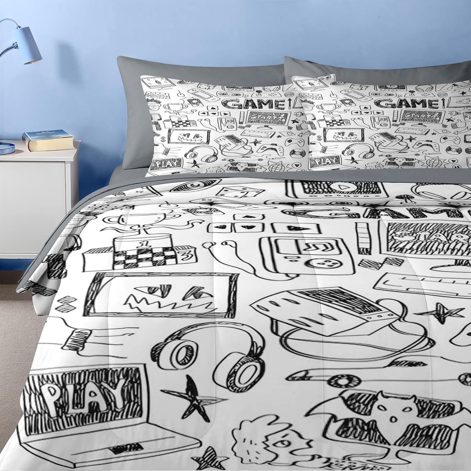 Nesker 7 Pcs Comforter Set Queen Size, Computer Games Doodles Bedding for Kids Teen, Gamer Gaming Black with Fitted Sheet 2 Pillowcases & 2 Shams for Bedroom Bed Decor - Image 5