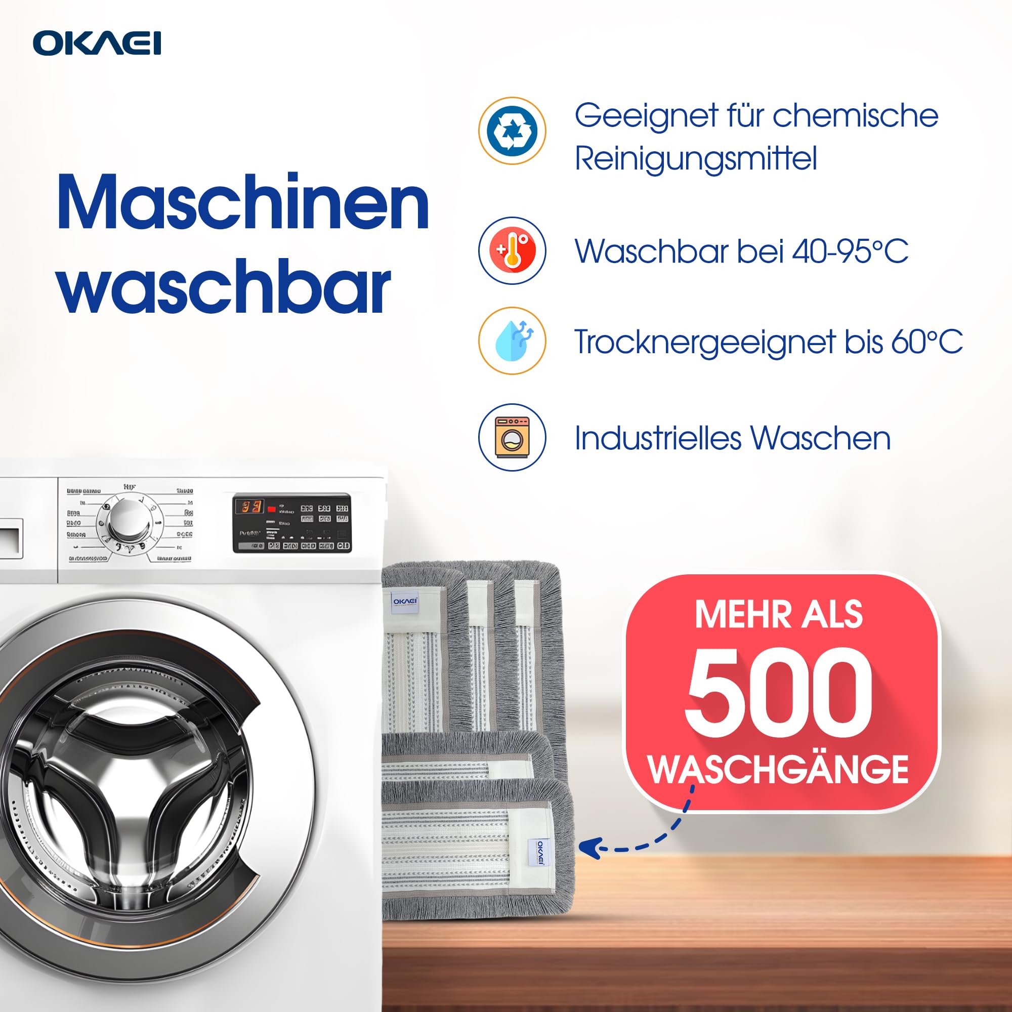 OKAEI Wischmop-Komplettset 40 cm – 10er Spar-Set: 10× Bezug Grau-Weiß-Beige + Klapphalter & Alu-Teleskopstiel – Für Feucht- & Nassreinigung – Ideal für Haushalt & Gewerbe