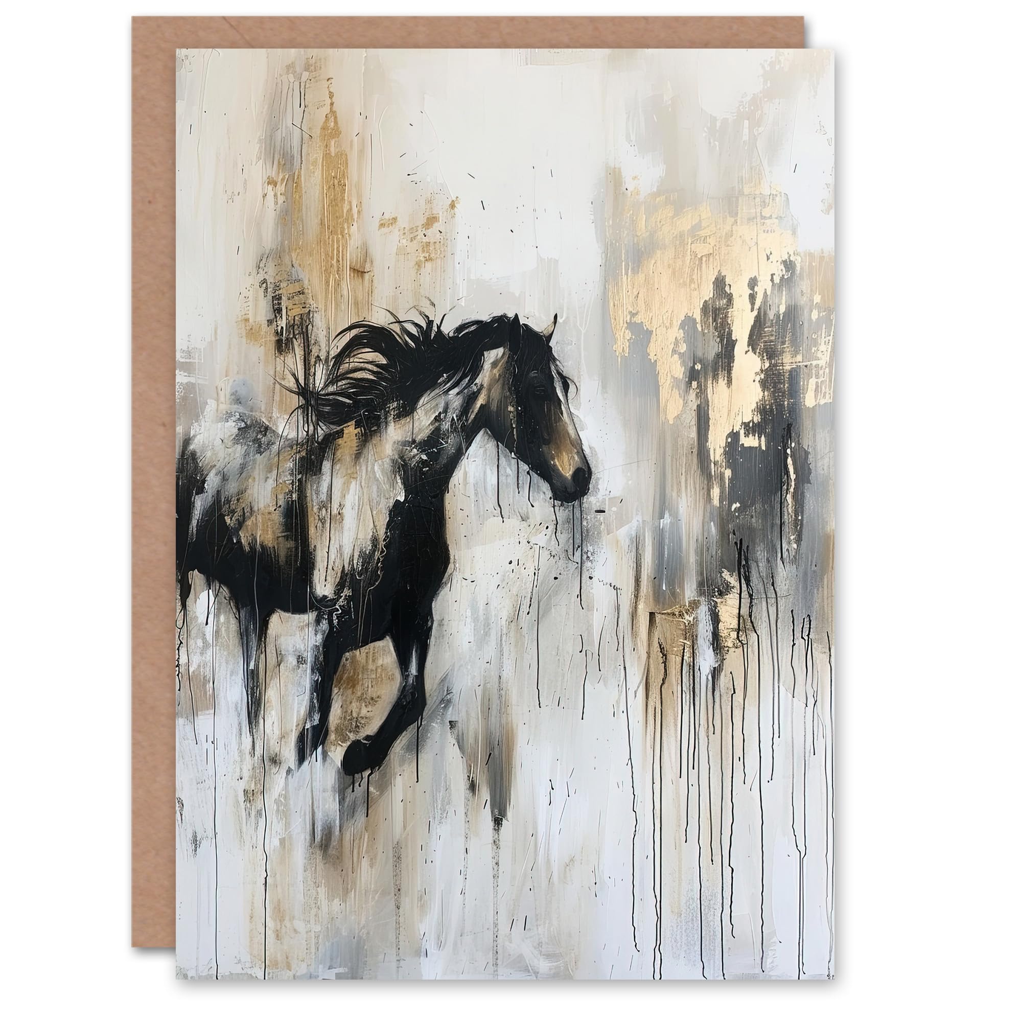 Artery8 Greeting Card Wild Horse Fantasy Black Gold Bright Oil Painting Blank For Him Or Her Art Birthday Card
