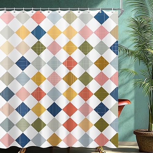 Juego de cortinas de ducha a cuadros vintage coloridos para baño, 60 pulgadas de ancho x 72 pulgadas de alto, cortina de ducha retro de los años 70,