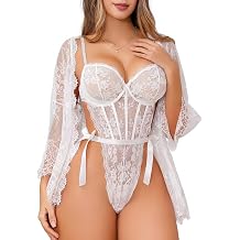 Women Sexy Lingerie Set Lace Kimono Robe Teddy Bodysuit 2 Piece Sleepwear