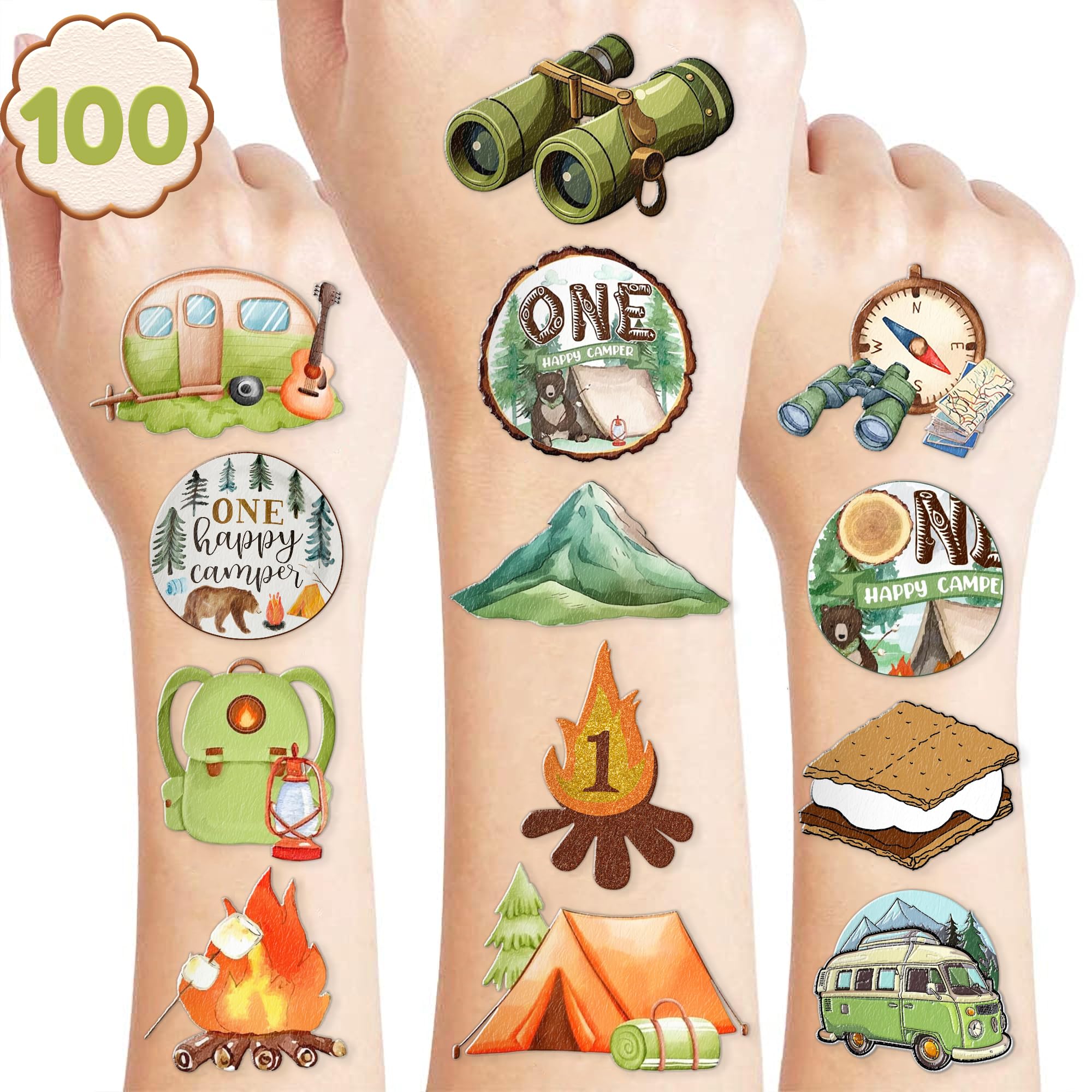 Cute Camper Temporary Tattoos Camping First Birthday Party Decorations Favors Supplies 1st Themed Stickers 10 Sheets 100 PCS Gifts for Baby Kids Girls