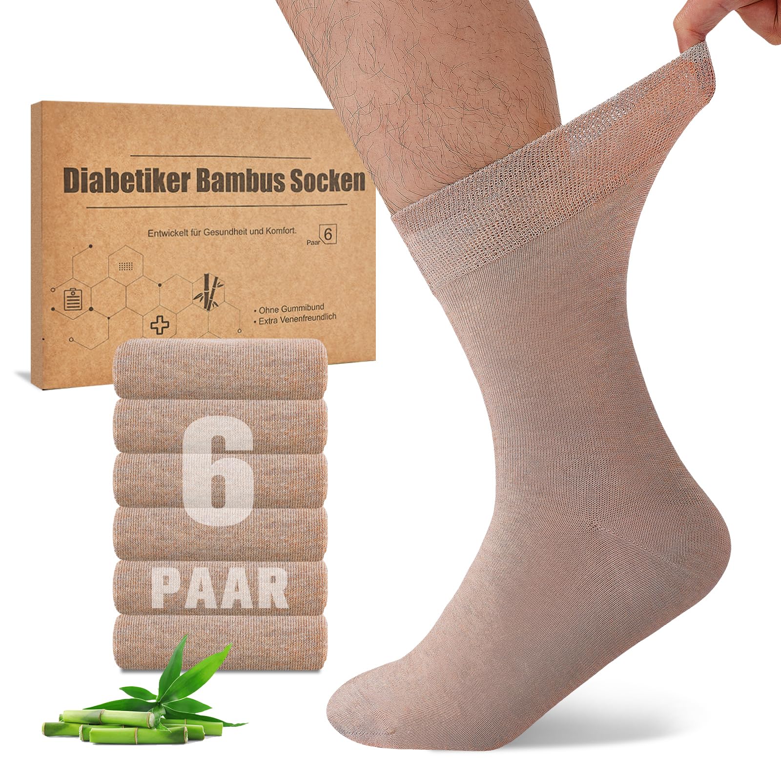 Niorasen Bambus Diabetikersocken, 6 Paar Diabetiker Socken ohne Gummibund & ohne Naht, Bambussocken Gesundheitssocken mit Komfortbund für Herren & Damen