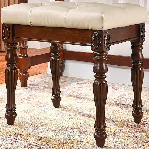 Miniatura 6 de MODERION Taburete de tocador con cojín acolchado, banco de piano con patas talladas de madera maciza, sillas para el hogar, asiento tapizado de