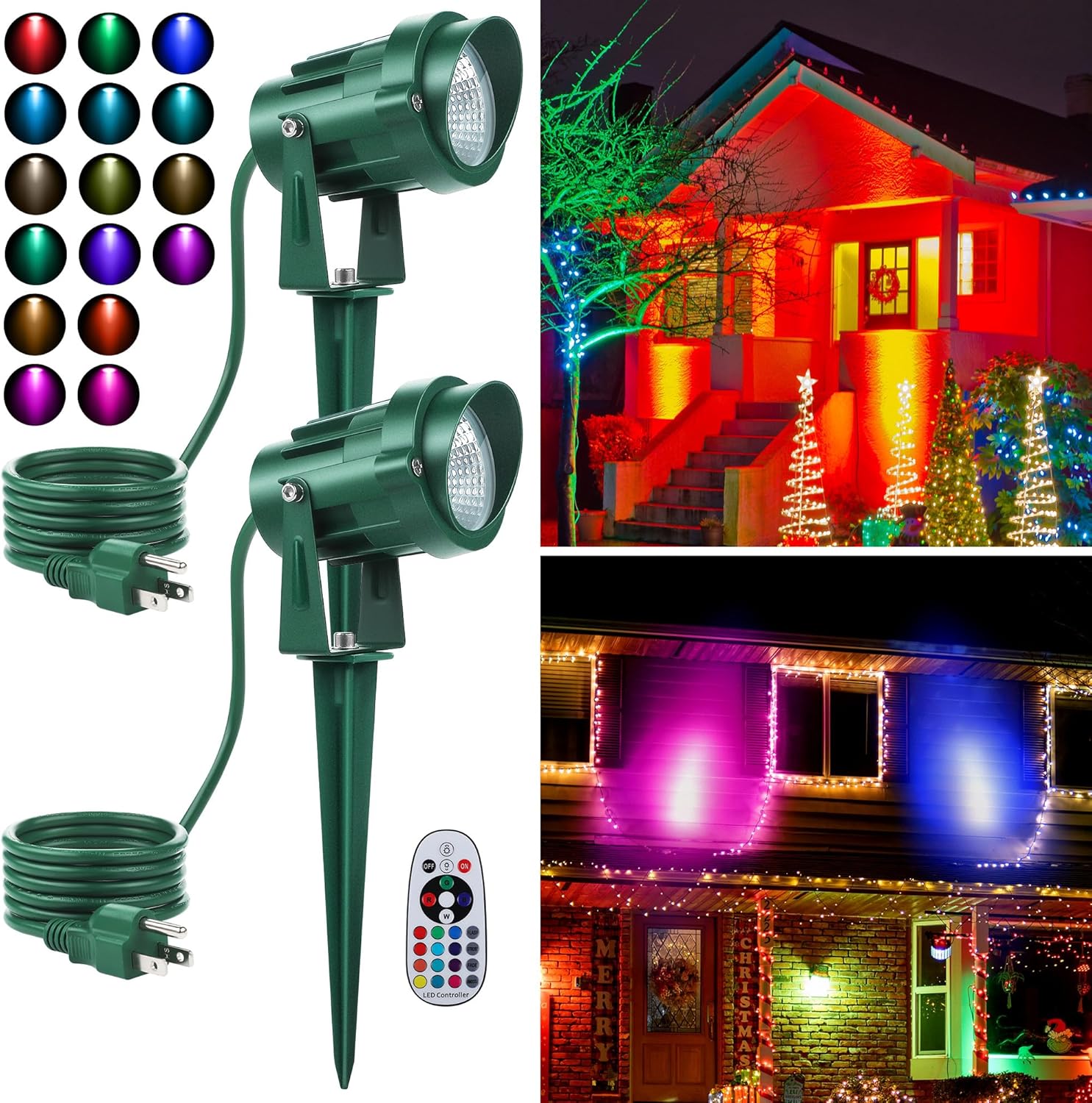 fovths 2 pack christmas spotlight 12w rgbw outdoor landscape lights spot light with remote control ip65 waterproof 120v lights 16 color changing for xmas garden path yard decor