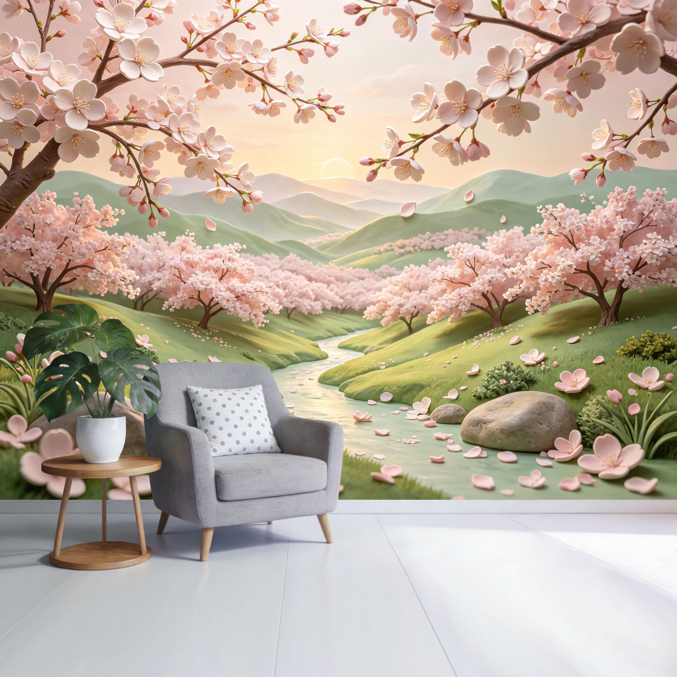 Custom Size Wall Mural Cherry Blossom Valley Landscape Spring River Botanical Pastel Watercolor Style SelfAdhesive Wall Fabric Removable Wallpaper for Home Office Decor
