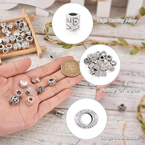 Miniatura 3 de Cheriswelry 72 cuentas de agujero grande europeo tibetano de 0.295-0.472 in, columna de corazón de plata antigua, espaciadores sueltos, suministros